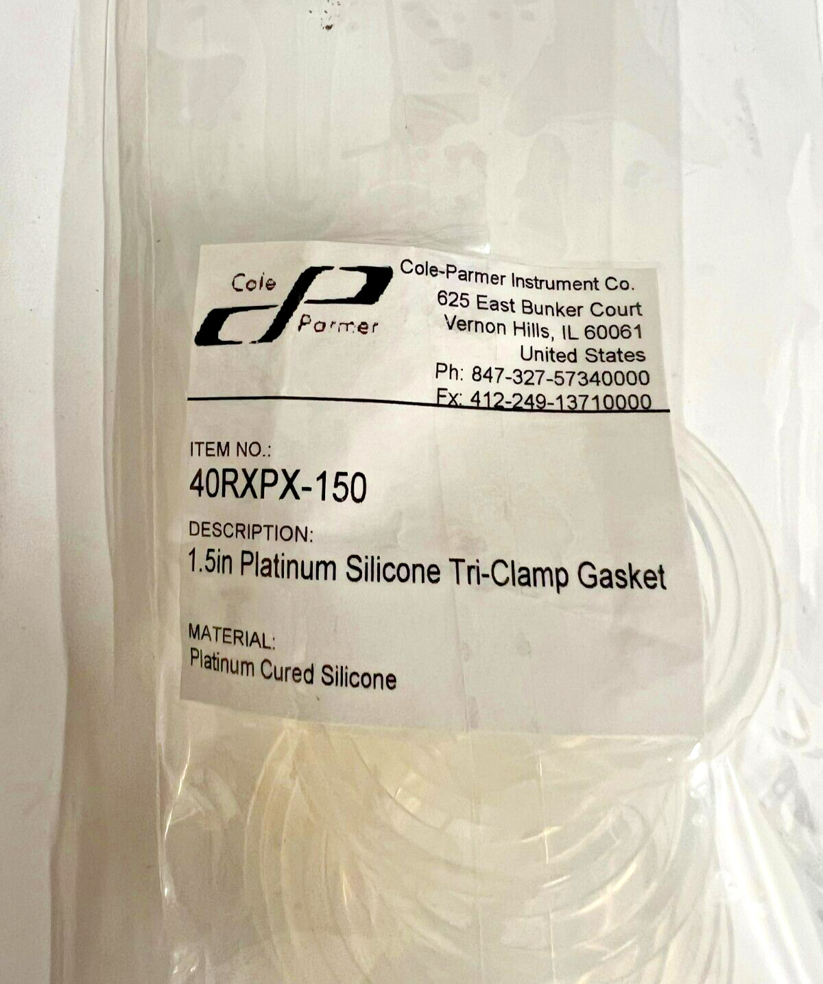 Cole Parmer 40RXPX-150 – 1.5 Inch Platinum Silicone Tri-Clamp Gasket – Bag of 10