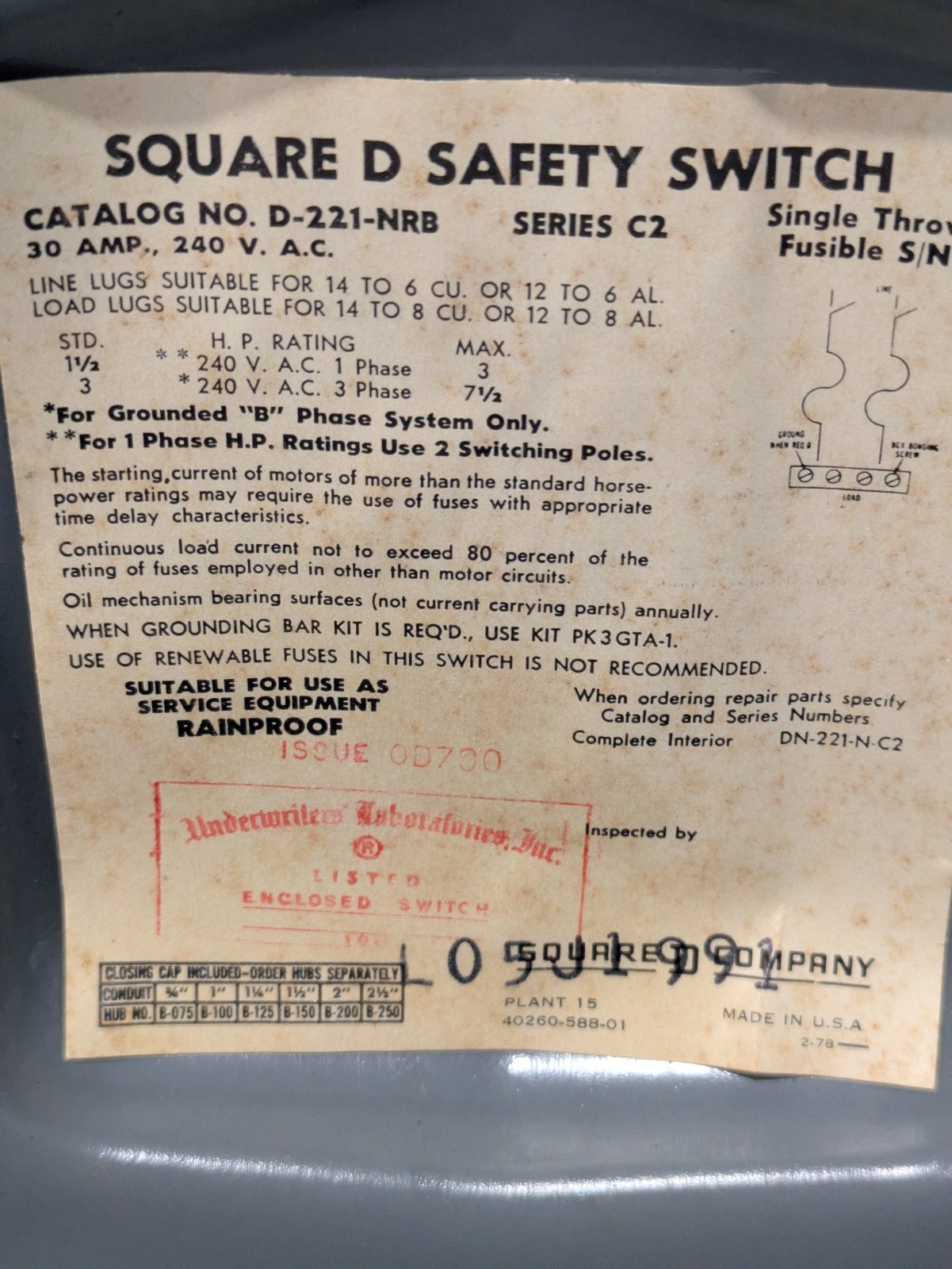 Vintage Square D D-221-NRB Safety Switch 30A 240V Series C2 Parts/Repair/Decor