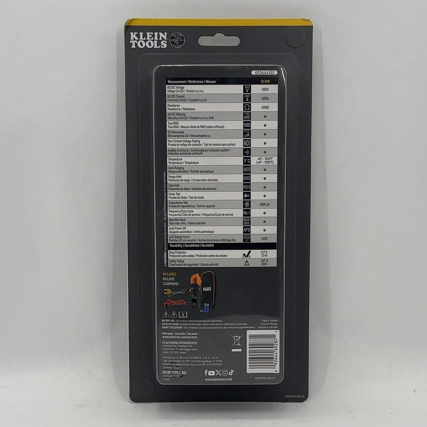New Klein Tools CL390 600V 400A AC Auto-Ranging TRIMS Clamp Meter