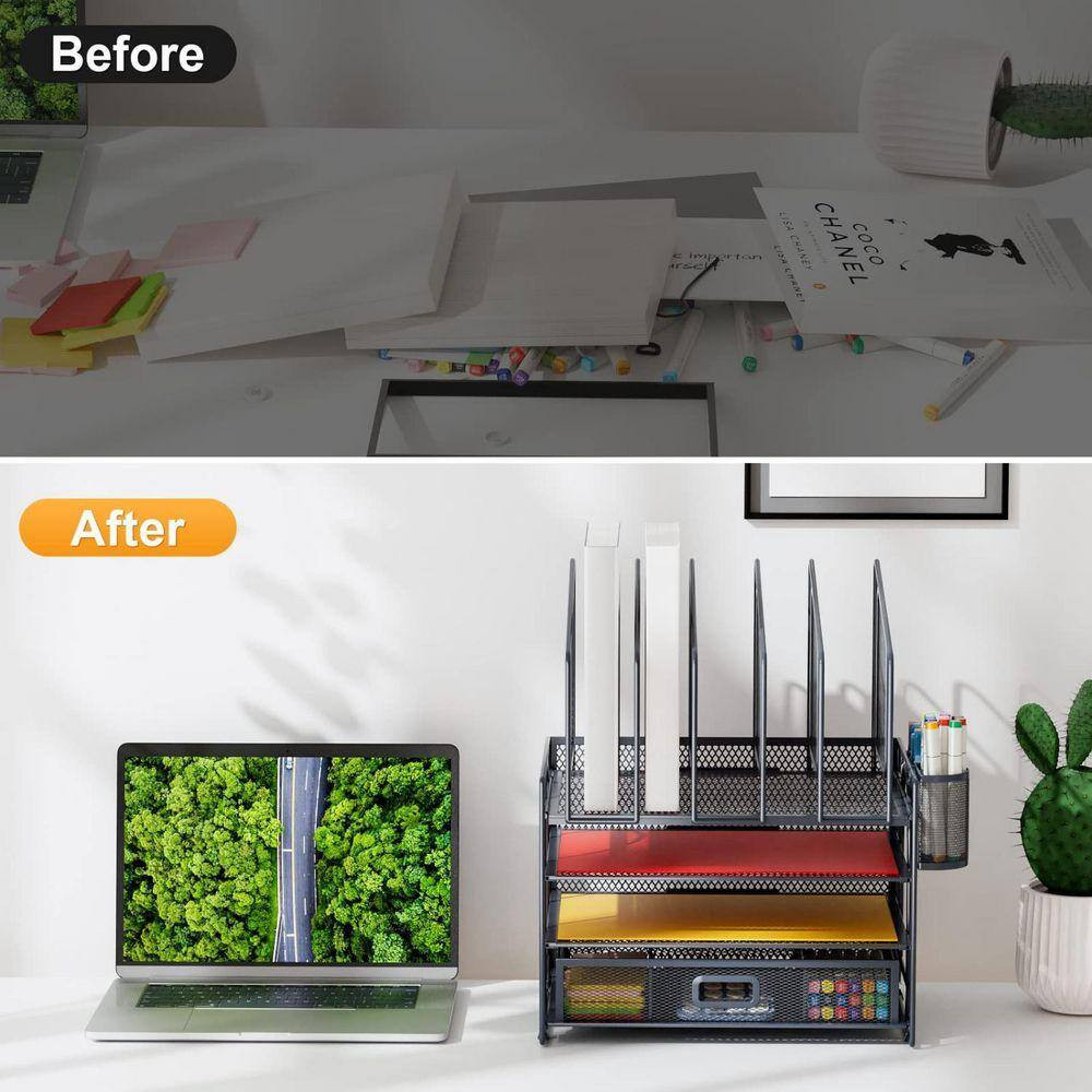 16.14 In. X 12.85 In. Desk Organizers, 4-Tier Mesh Desk File with 5 Vertical Fil