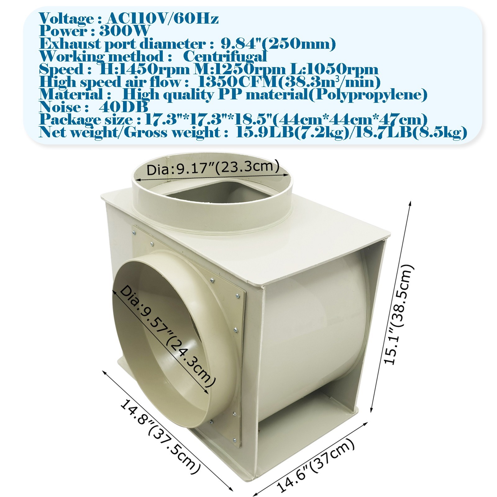 110V 60HZ Laboratory PP Centrifugal Blower Fan Anti-corrosion Fume Hood 300W