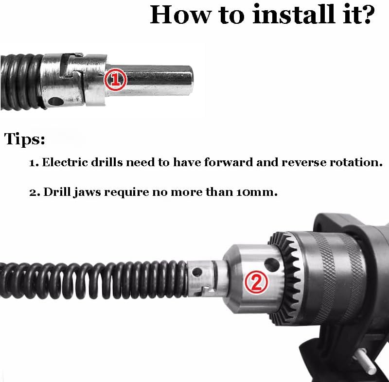 10mm Heavy-Duty Drain Auger Snake Cable with Drill Adapter – 6.5Ft/2M Flexible P