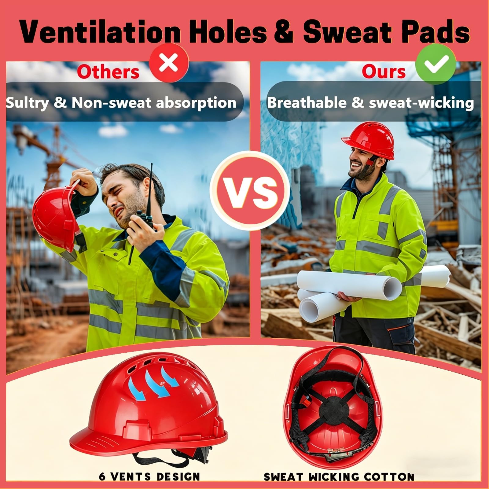 4 Pt. Suspension Hard Hat Bulk Safety Helmets Adjustable Ratchet Hard Hats, V…