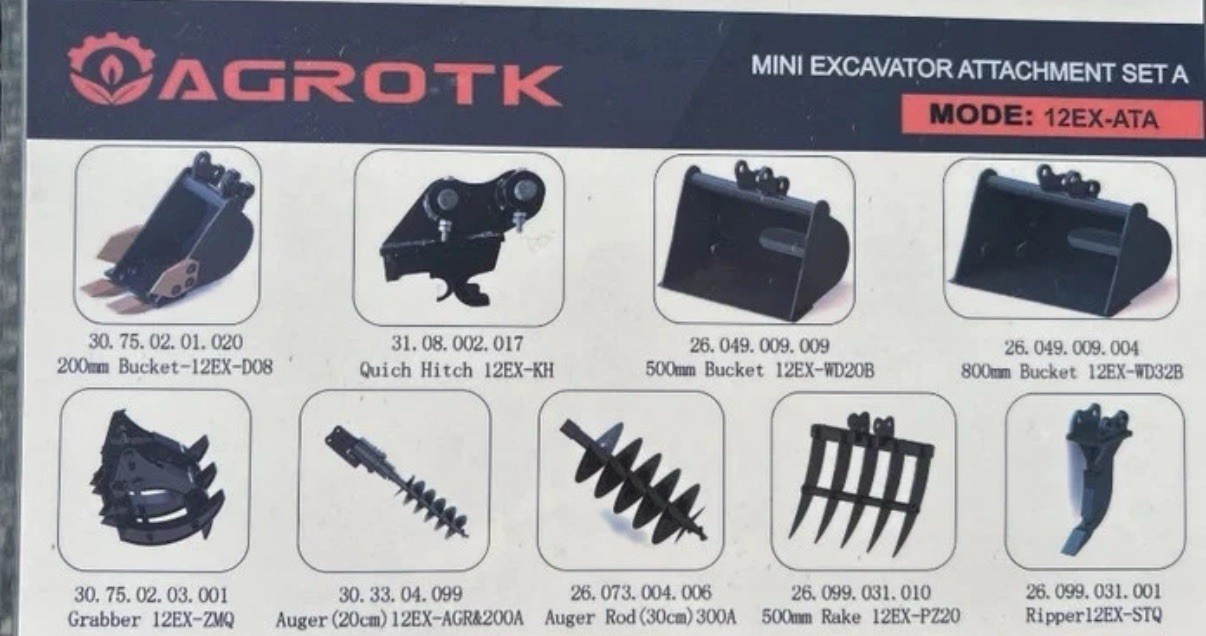 AGT Mini Excavator Attachment Set 9 Pcs for 1 -2Ton 25mm pins 12EX-ATA,Auger