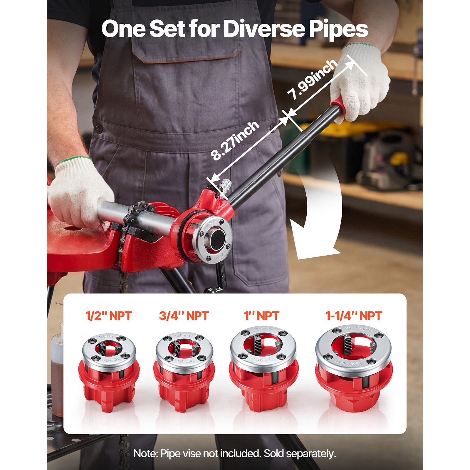Ratchet Pipe Threader Kit with 4 Dies, 1/2″ NPT, 3/4″ NPT, 1″ NPT