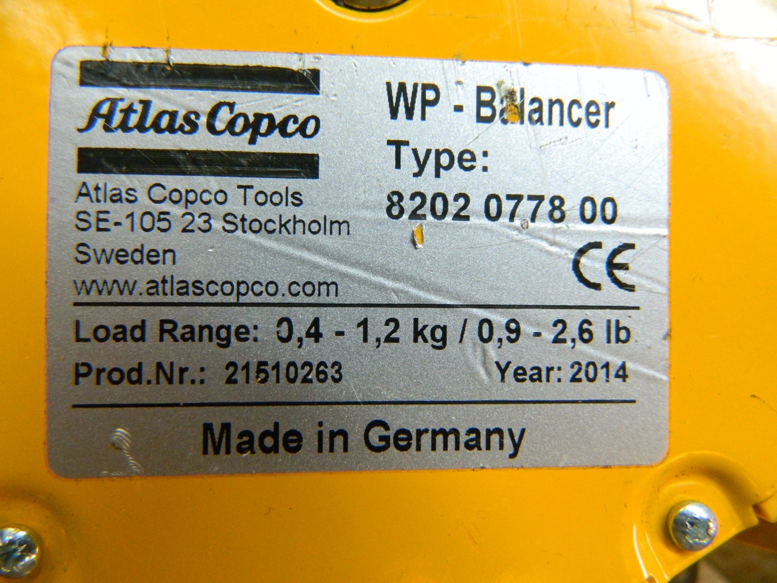ATLAS COPCO WP05-1 8202 1778 00 Tool Balancer Load Range 0.9 – 2.6 lbs