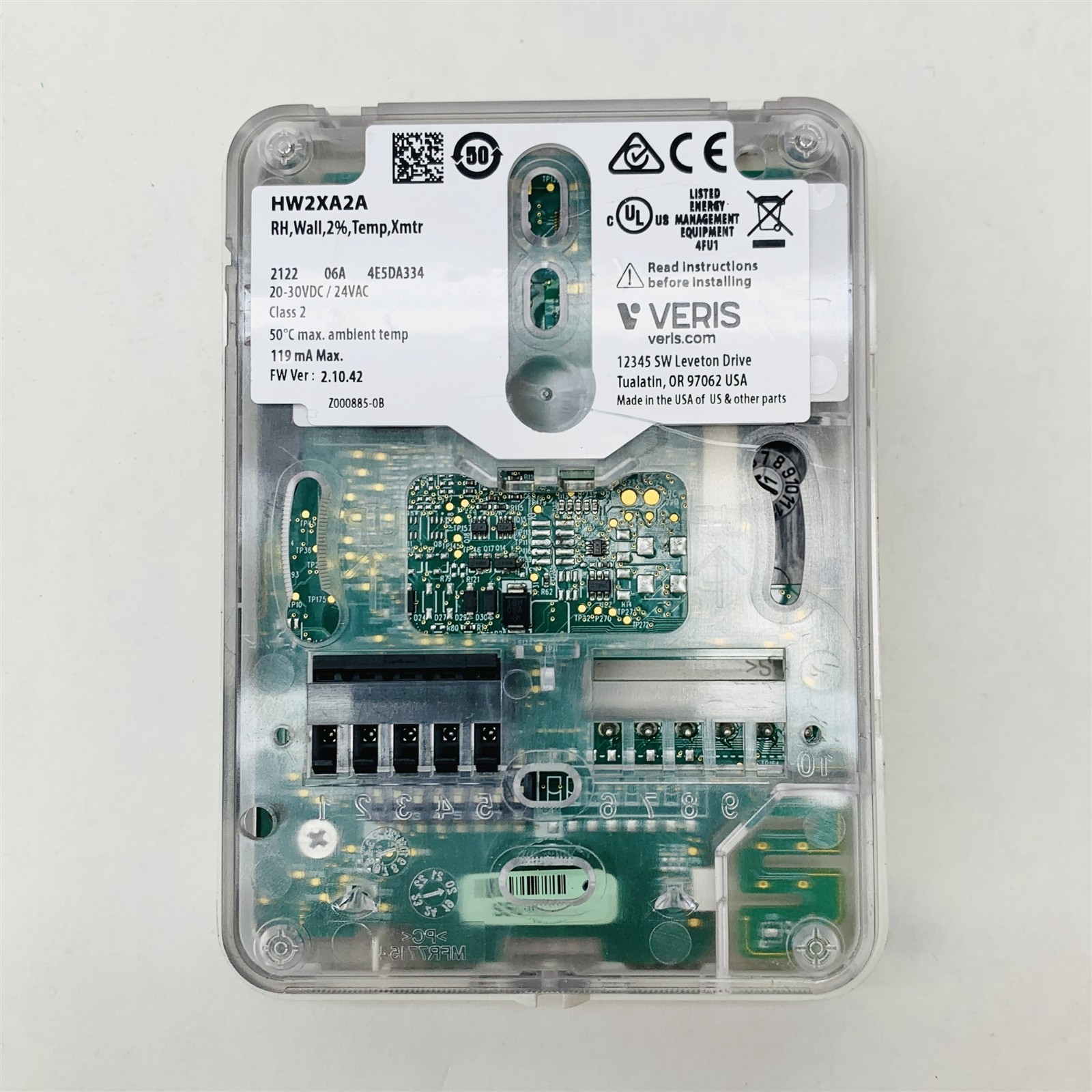 Veris HW2XA2A Wall Humidity Temperature Transmitter Xmtr 2% RH 4-20mA Module