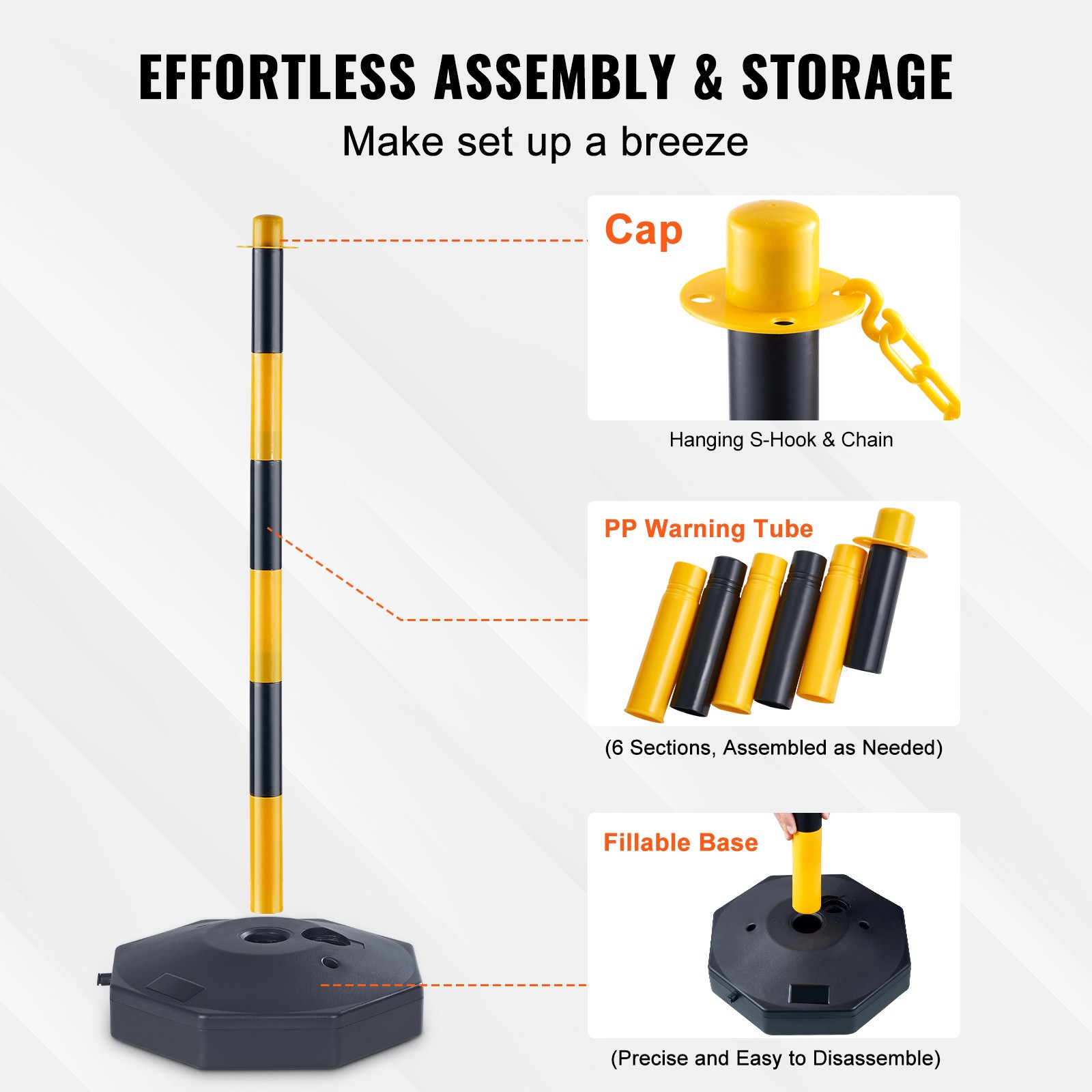 VEVOR 6PCs Traffic Delineator Post Cones with Fillable Base 8FT Chain Adjustable