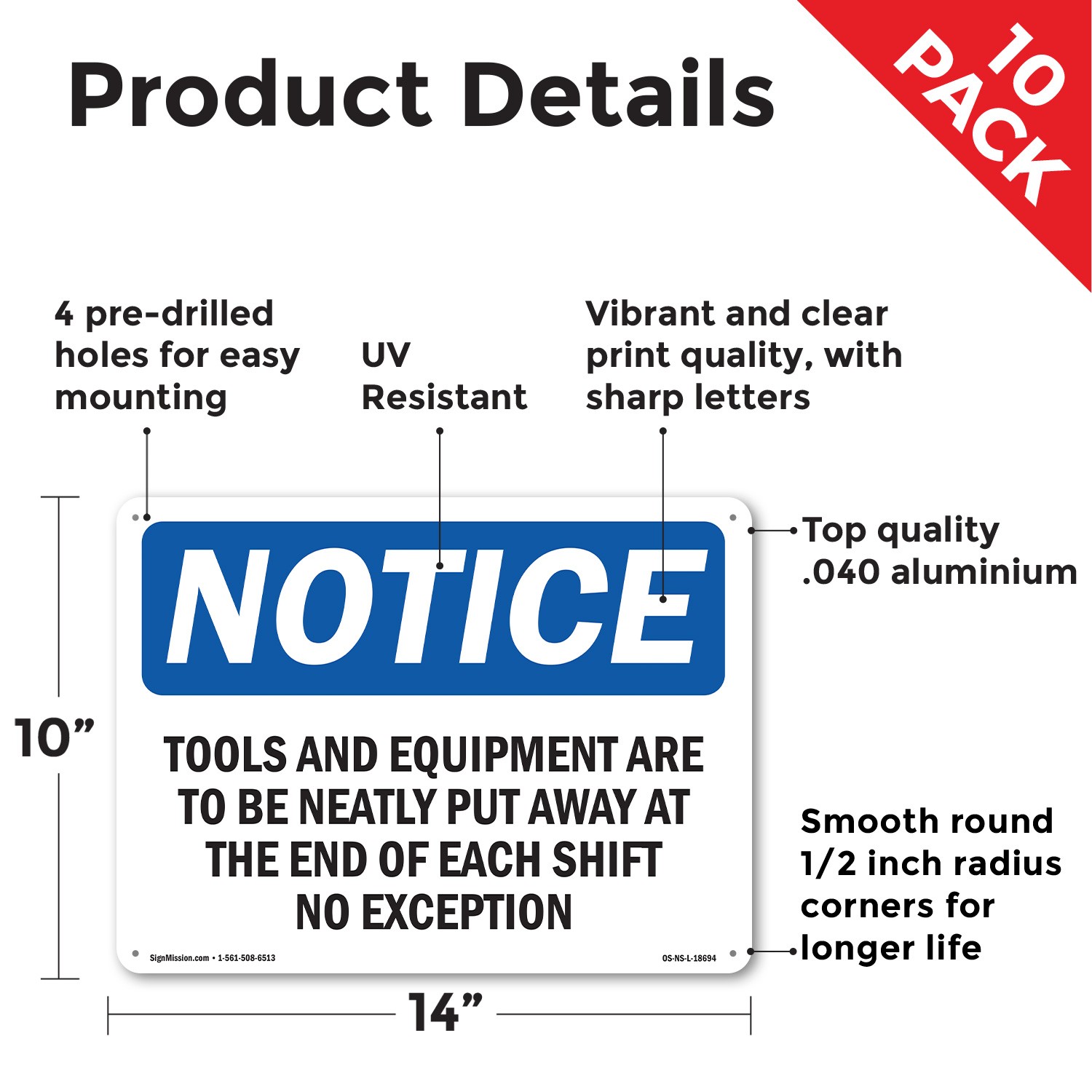 Tools And Equipment Are To Be Neatly Put OSHA Notice Sign, Decal 5 or 10 Pack