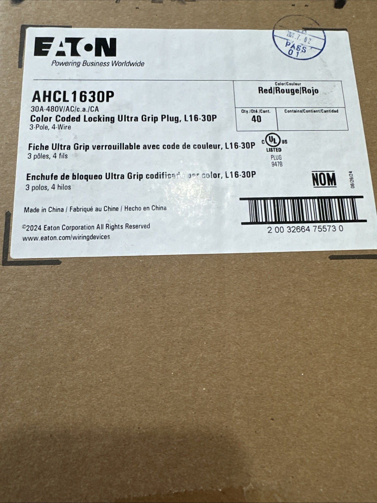 Eaton AHCL1630P HBL2731 71630NP L16-30P 30 Amp 480V Twist Lock Male Plug NIB