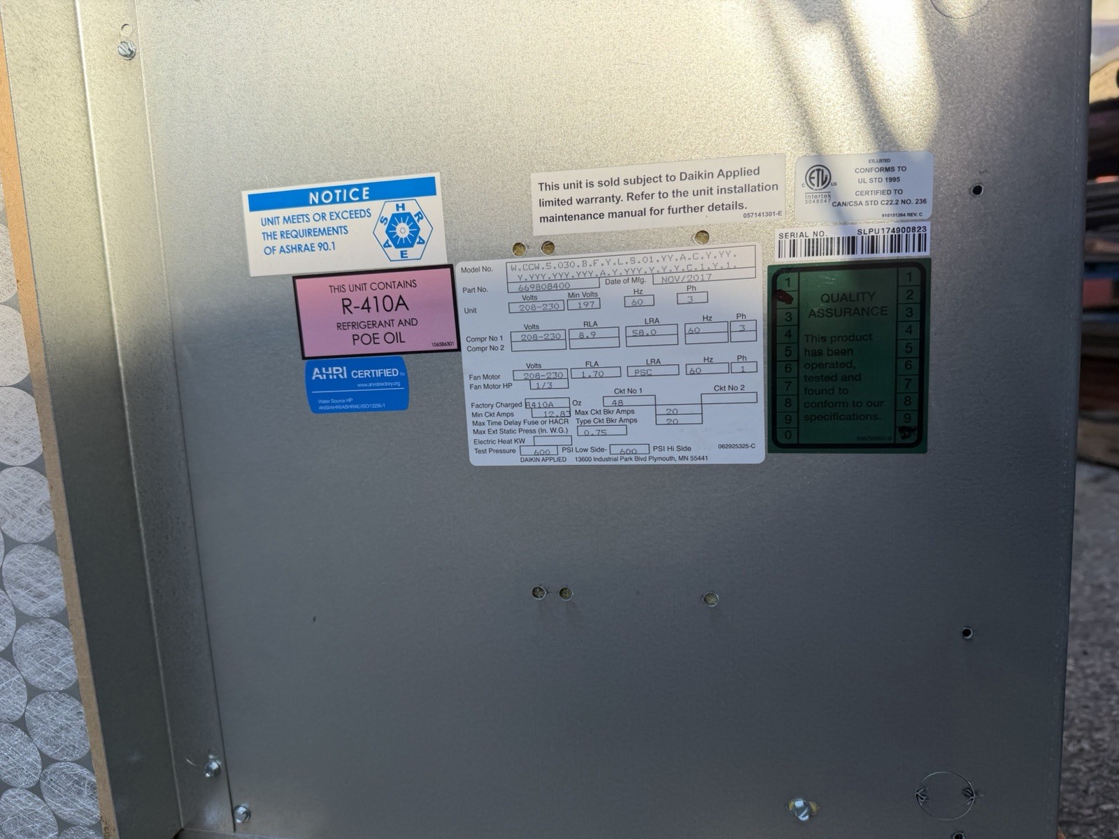 Daikin W.CCW.5.030 Water Source Heat Pump 208/230V HVAC