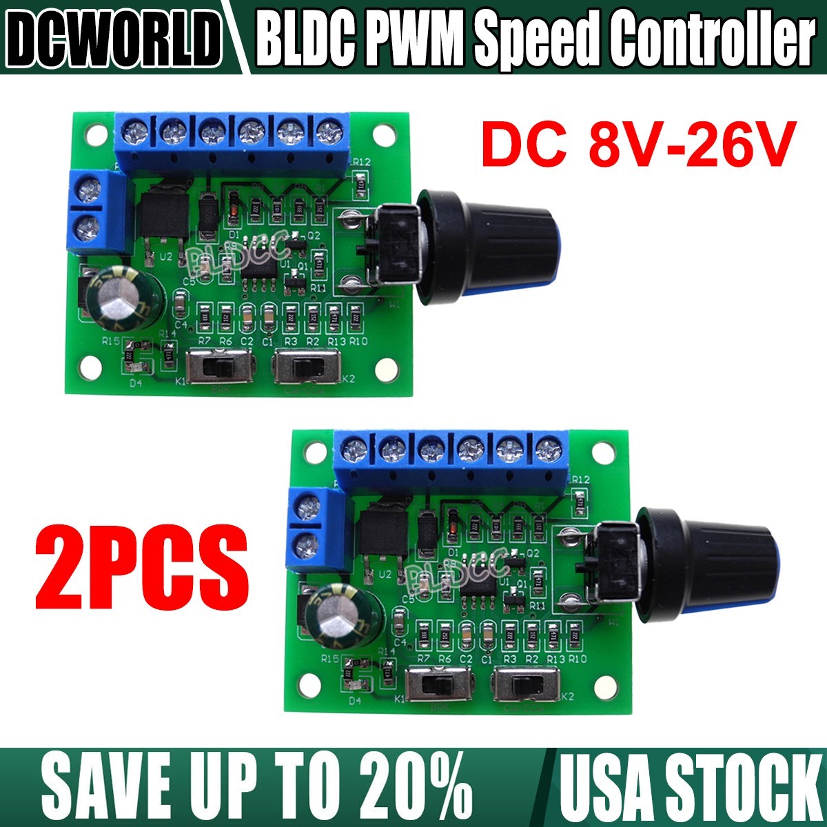 2PACK Brushless Motor DC PWM Speed Controller 8V-26V 20kHz Adjustable Duty Cycle