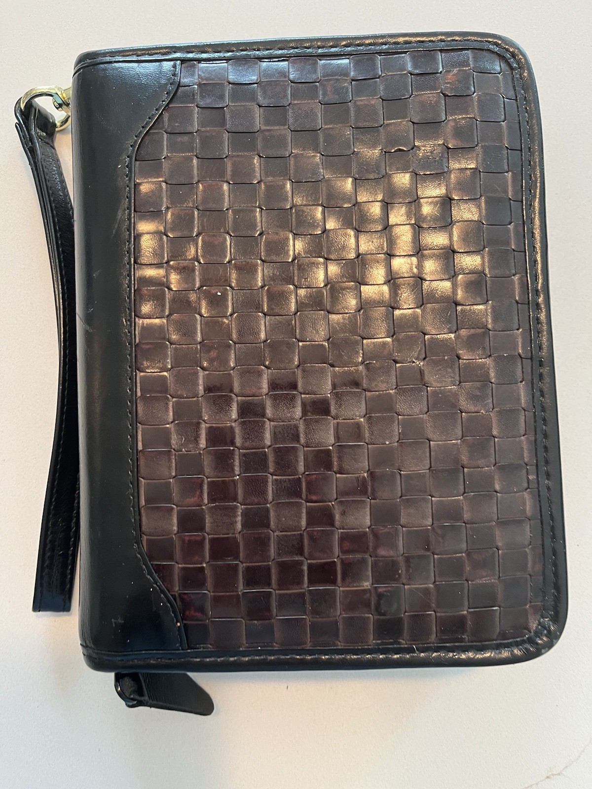 Franklin Quest Leather Planner Binder 8×6 Zip Around Calfskin Brown Woven USA