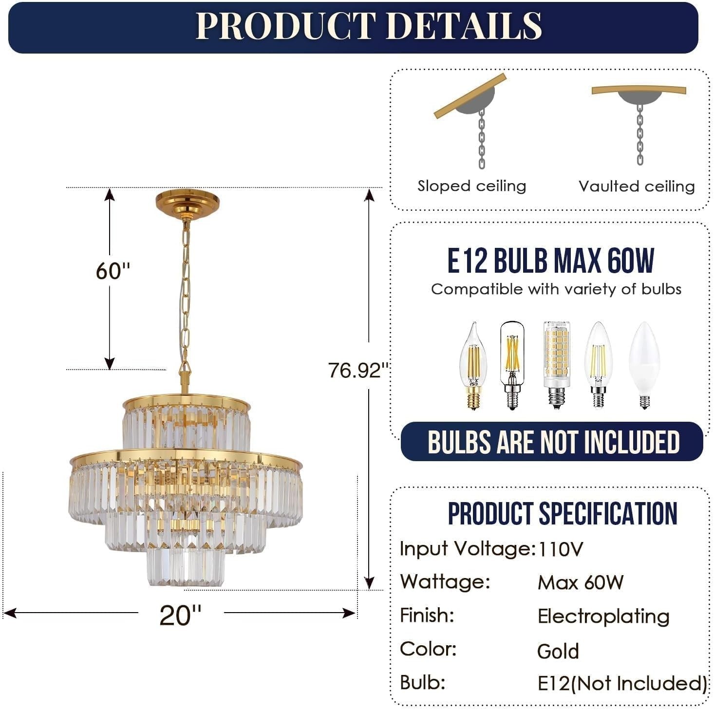 Gold Crystal Chandelier 20″ 4-Tier 6-Light Dining Room Ceiling Light