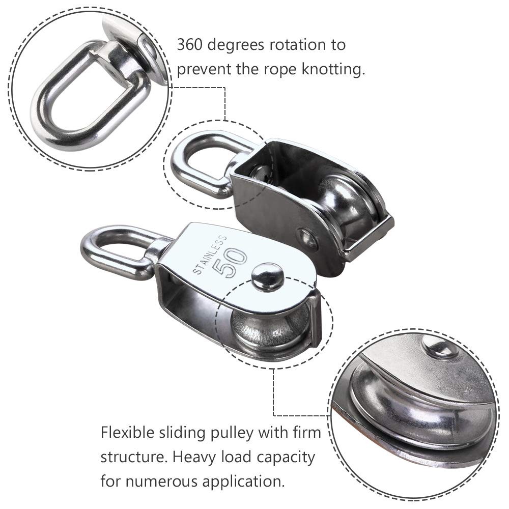 YAMASO,4Pcs 304 Stainless Steel M50 Silver Single Pulley Block Wire Rope Hang…