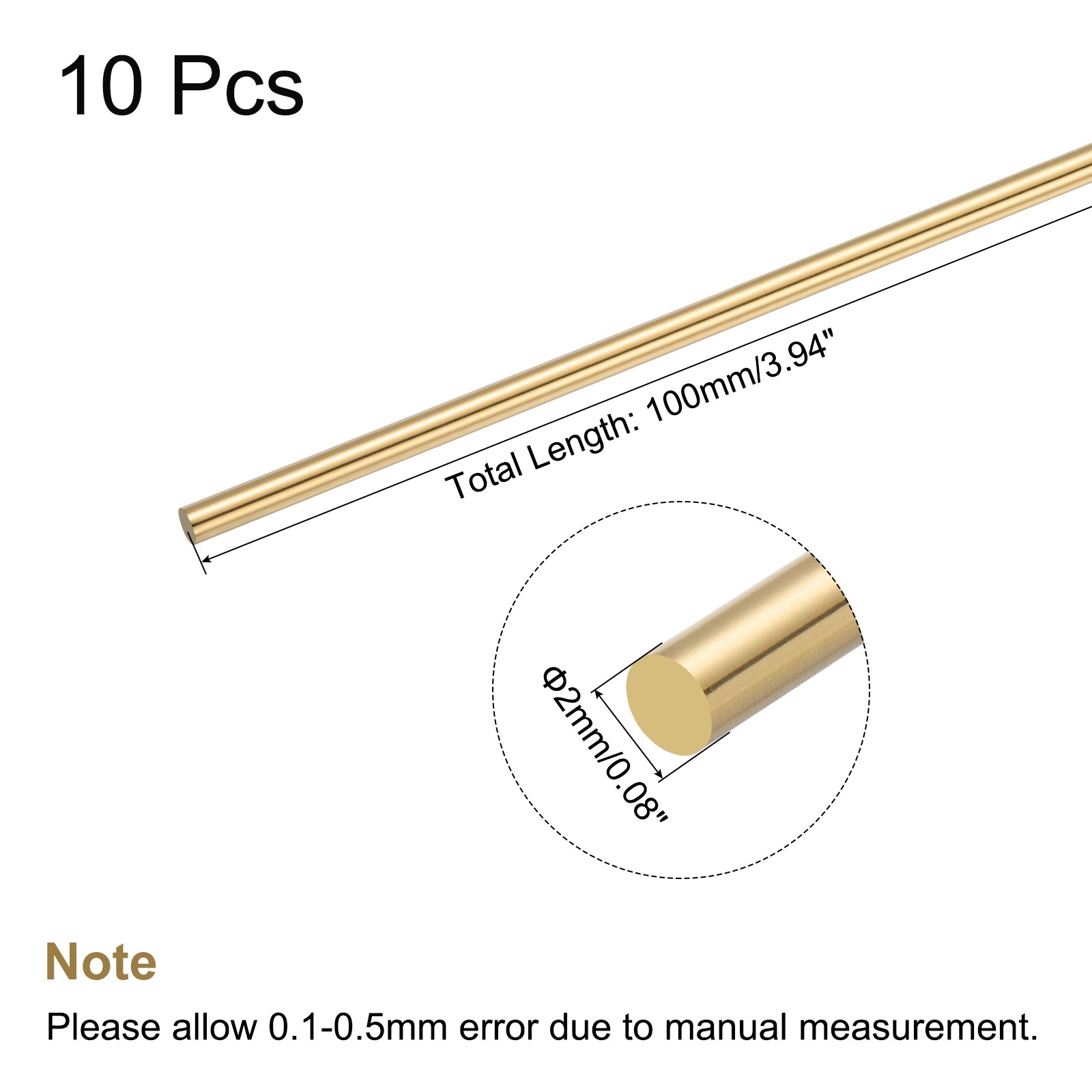 2mm Diameter 100mm Length Brass Solid Round Rod for DIY Craft 10Pcs