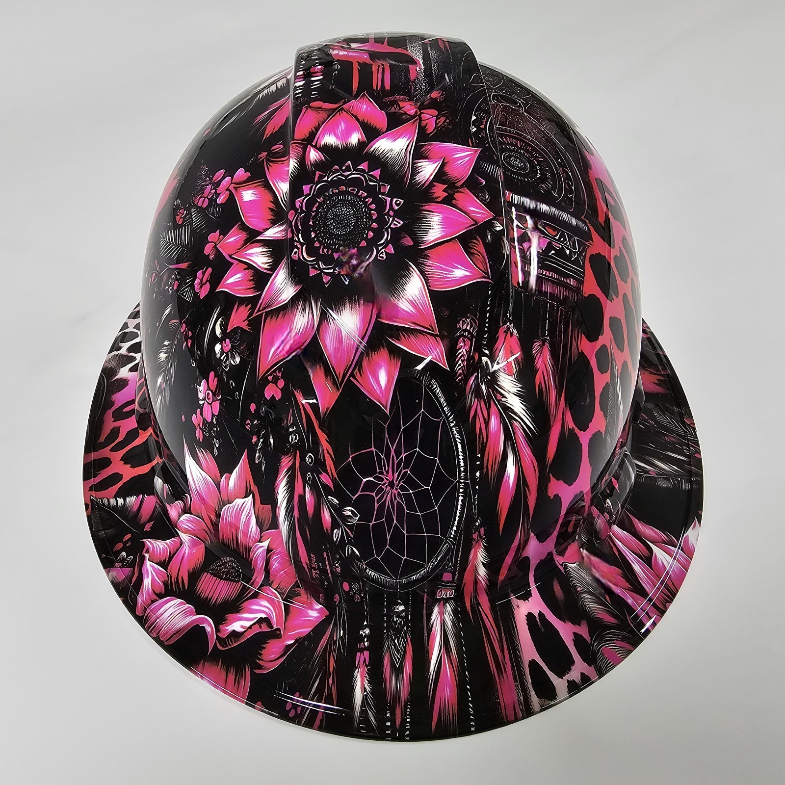 full brim hard hat custom hydro dipped IN PINK LEOPARD DREAMCATCHER HOT NEW LOOK