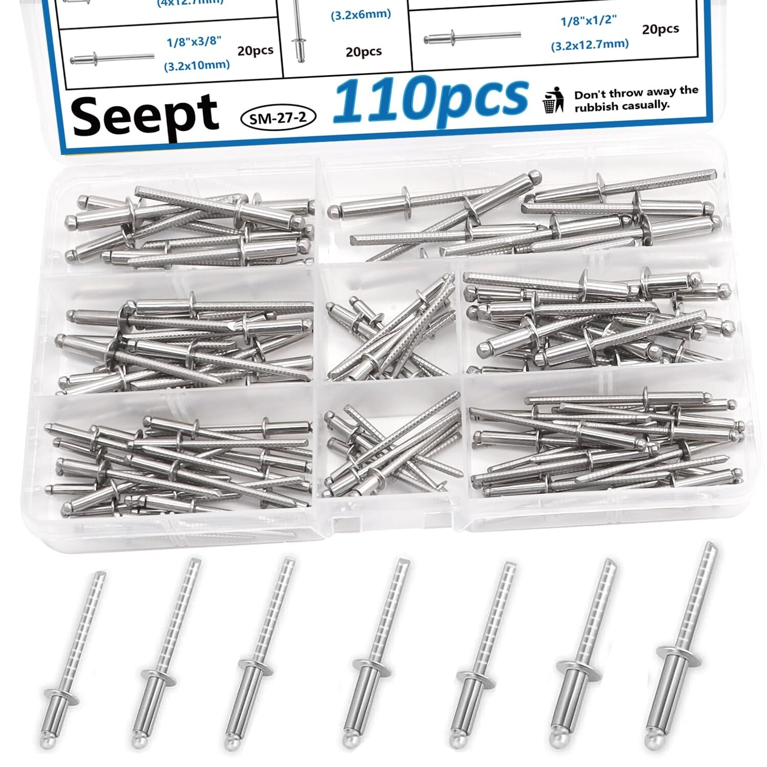 Seept 110pcs 7-Sizes 304 Stainless Steel Pop Rivets Assortment Kit 1/8″5/32″3