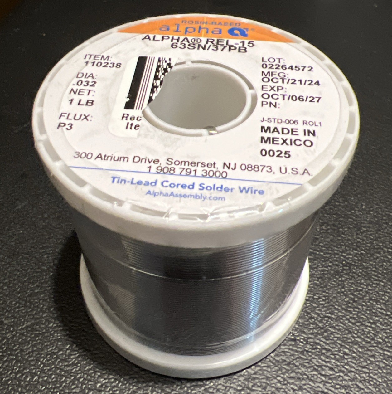 Alpha 110238 REL-15 63/37 Rosin Core Solder Wire .032” 1 lb Spool EXP 10/2027+