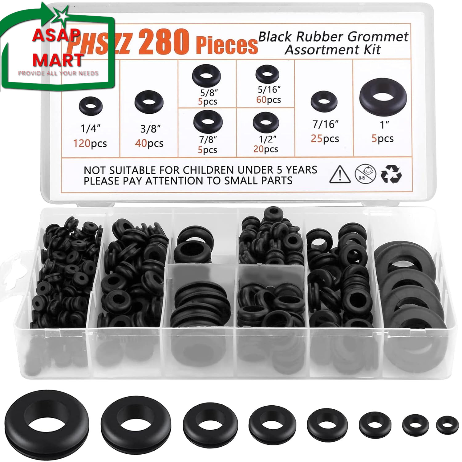 PSHZZ 280 PCS Rubber Grommets Kit, Rubber Hole Grommet Gaskets Assortment for Wi