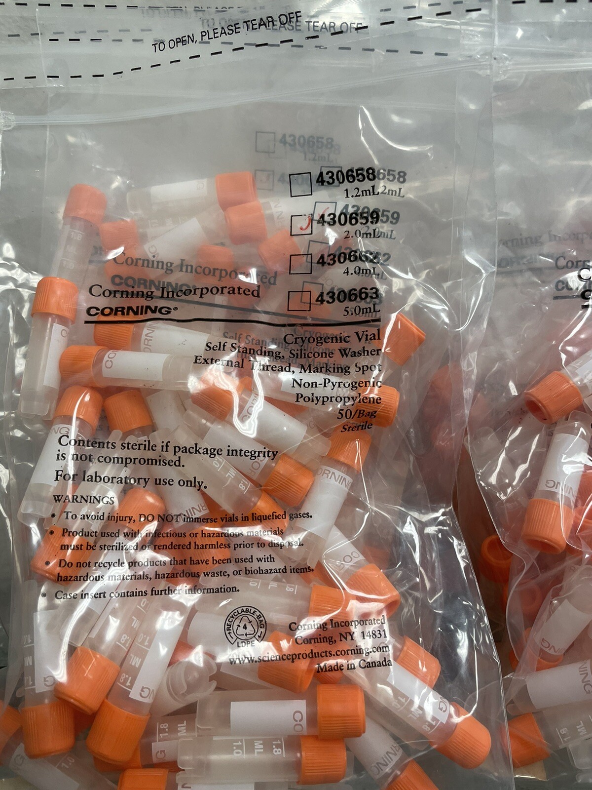 Corning 430659 Cryogenic Vials, External Thread, Self Standing, 8 Packs Of 50