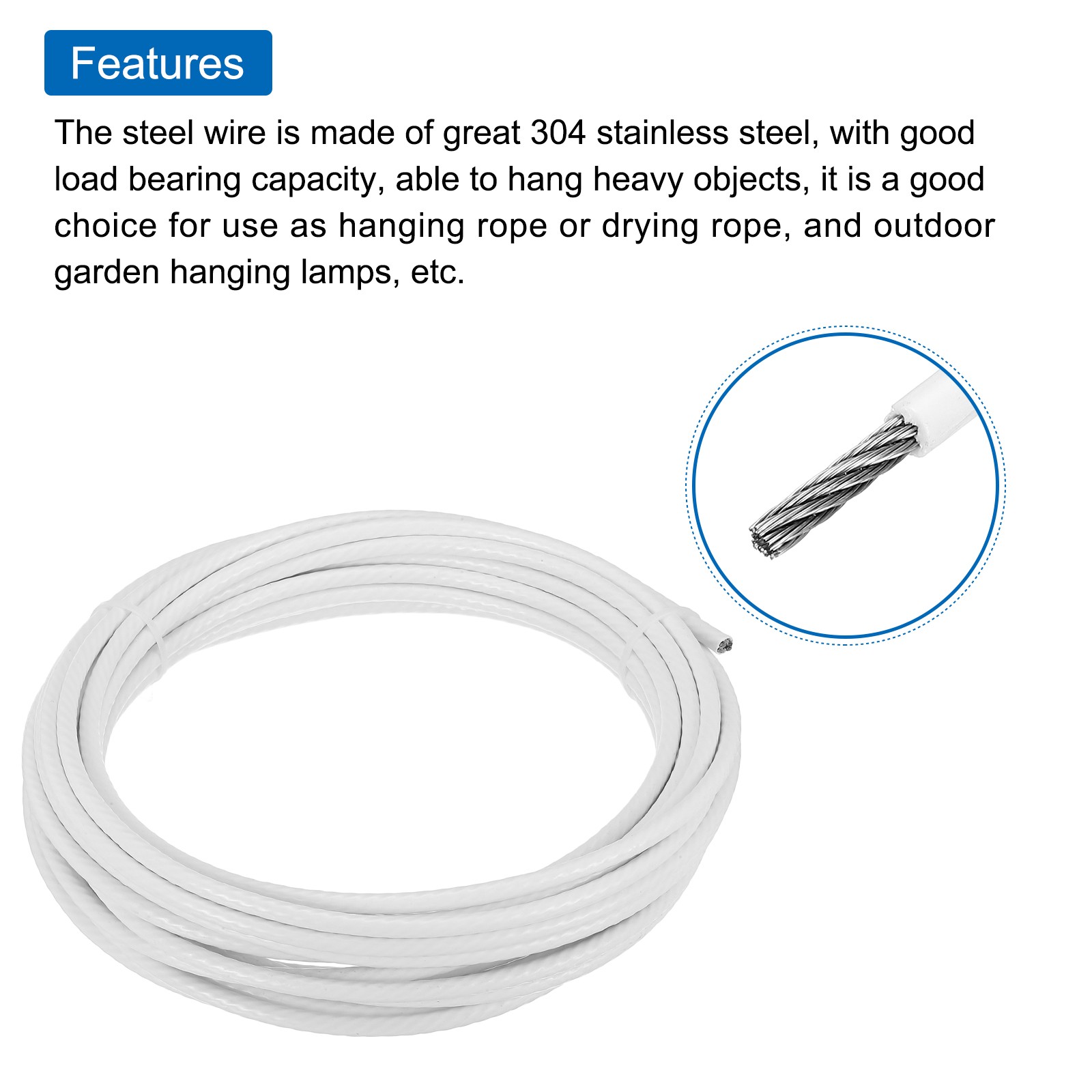 33Ft(10M) Wire Rope Stainless Steel Cable 1/4″ 4pcs Sleeves & Thimble White