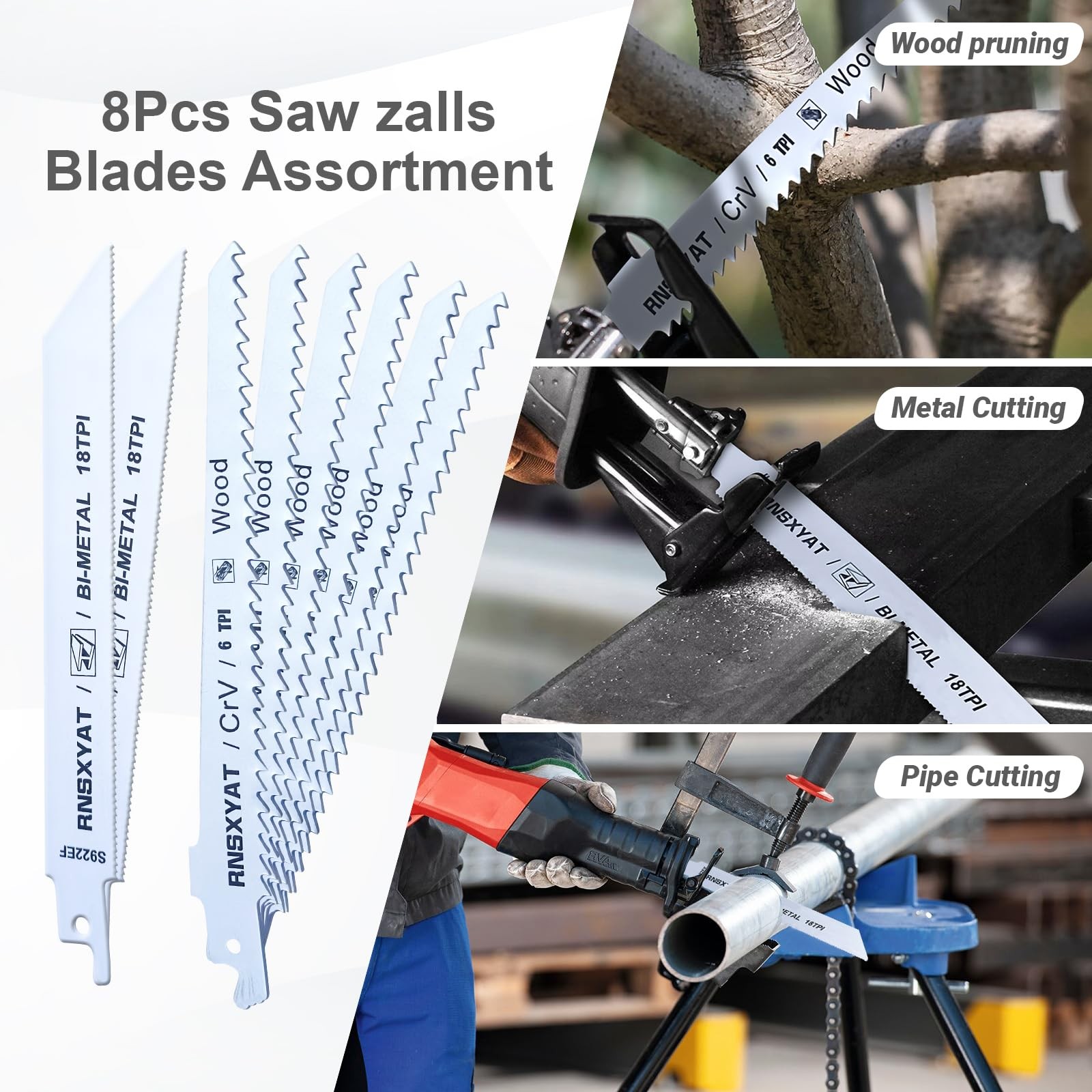 8PCS Reciprocating Saw Blades for Wood Pruning, Including Premium 6Pcs White