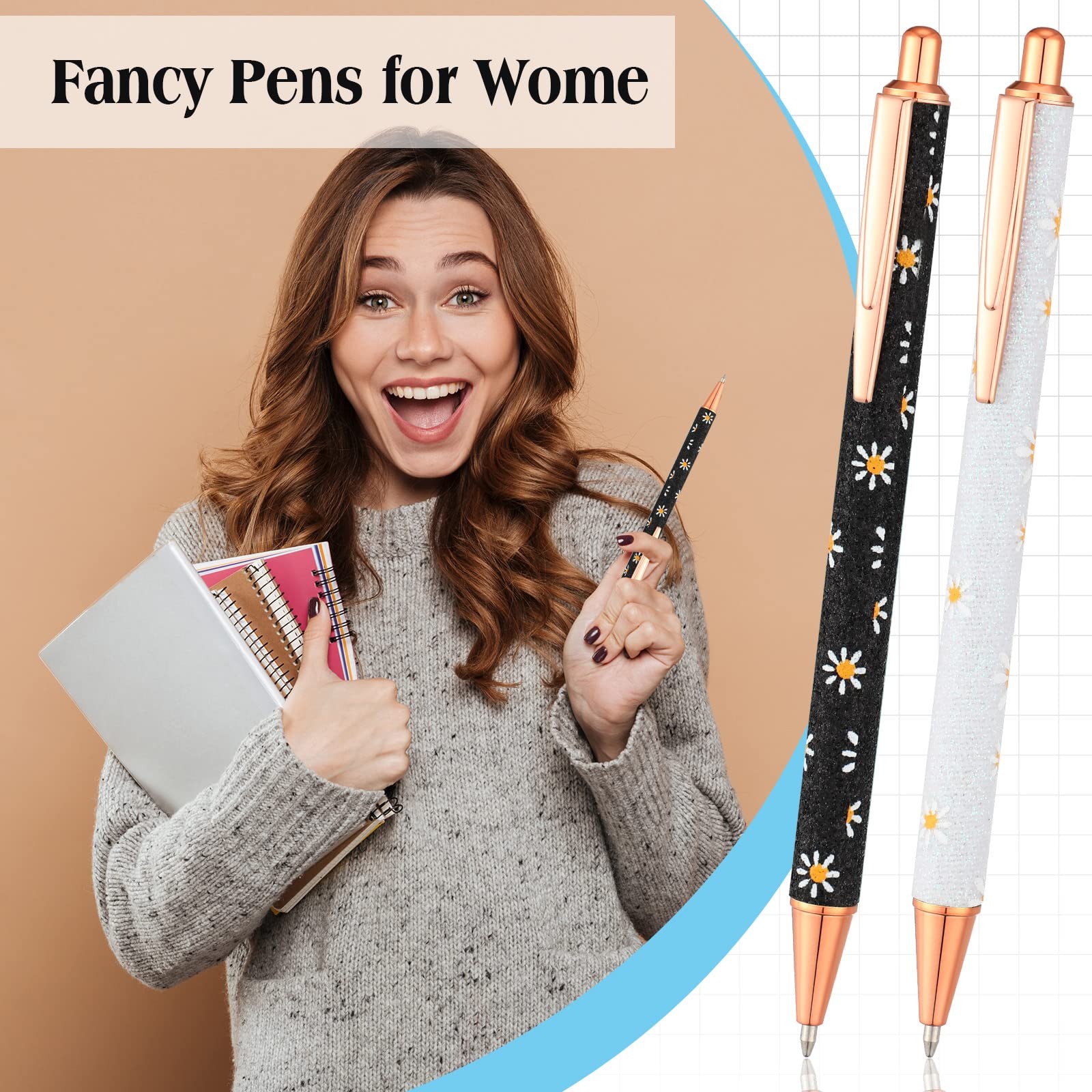 16 Pcs Fancy Pens for Women Glitter Pretty Cute Daisy Pens Sparkly Retractabl…