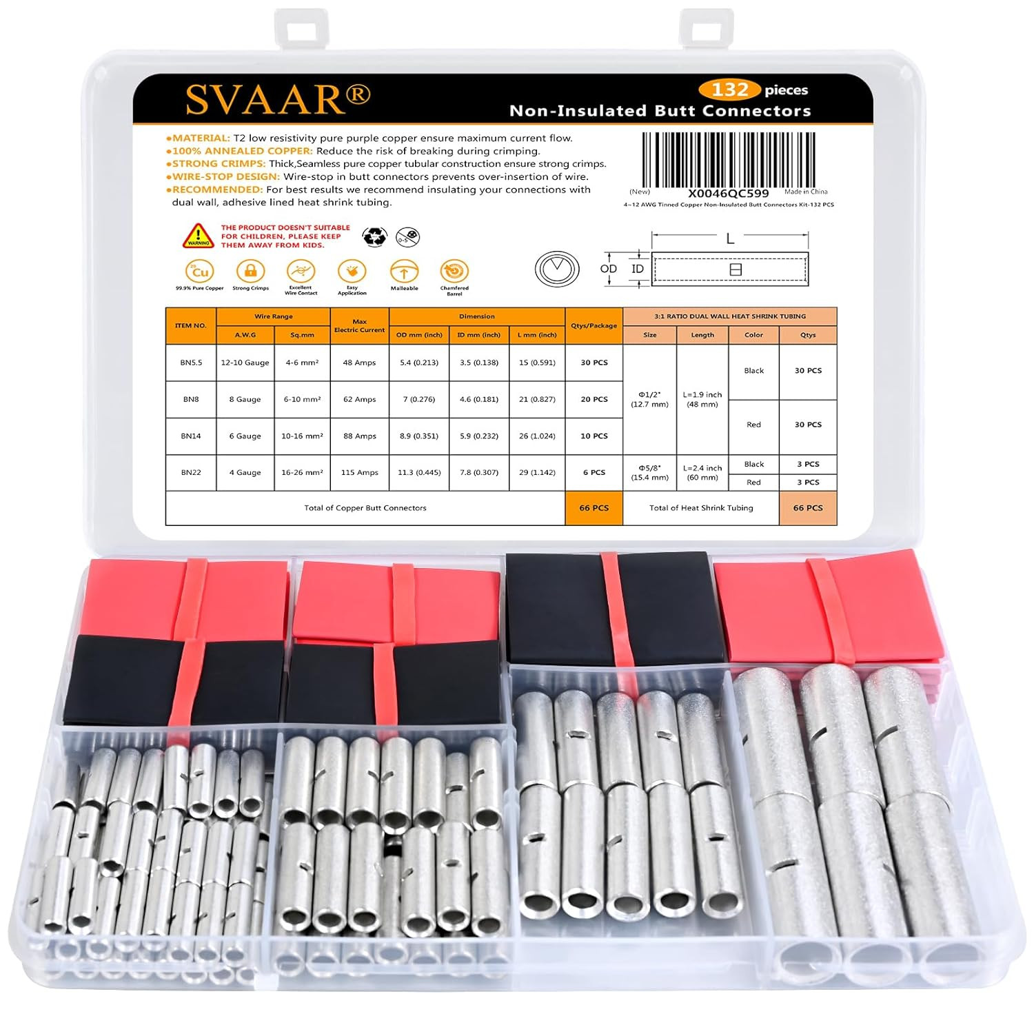 Butt Connectors Kit 132PCS 4/6/8/12-10 Gauge Crimp Butt Splice Wire Connectors N