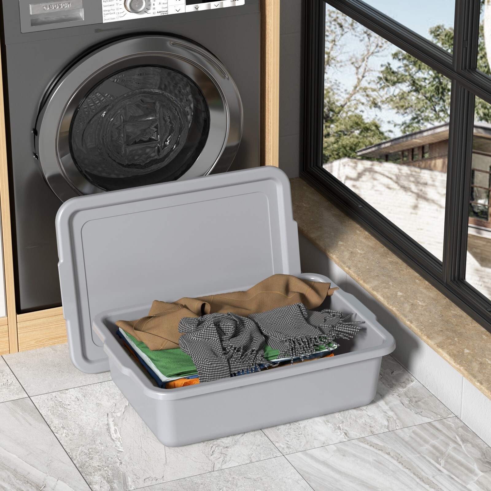 13 L Plastic Commercial Bus Box with Lid, Plastic Restaurant Bus Tub, 12-Packs