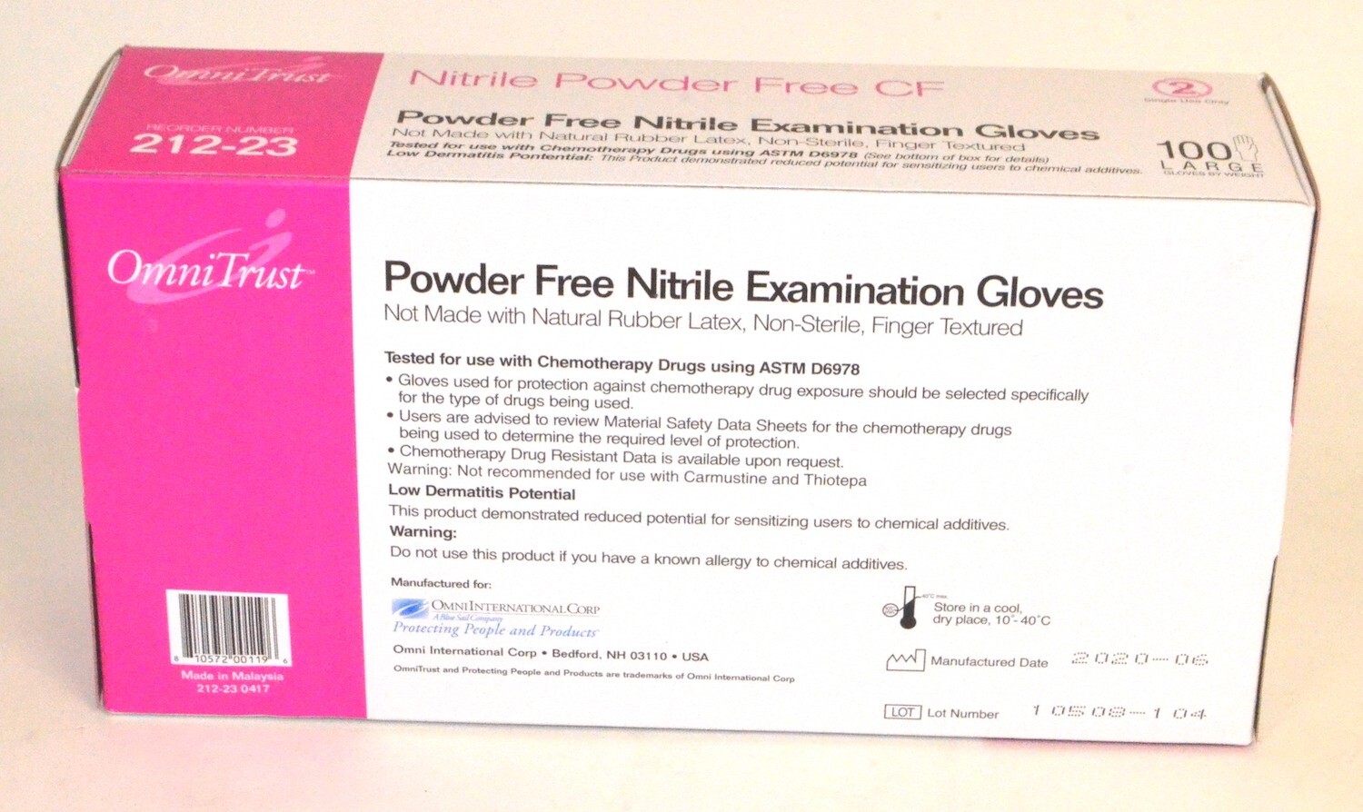 *Box of 100* OmniTrust Nitrile Powder Free Exam Gloves, LARGE “New* 212-23