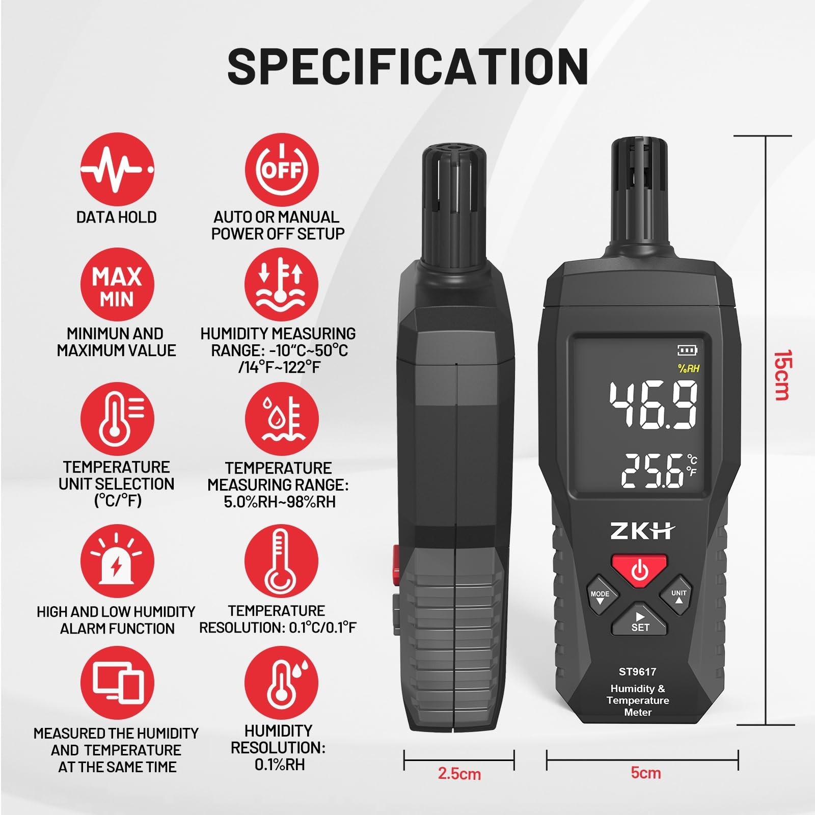 ZKH Temperature Humidity Meter, Digital Thermometer Hygrometer with Alarm Fun…