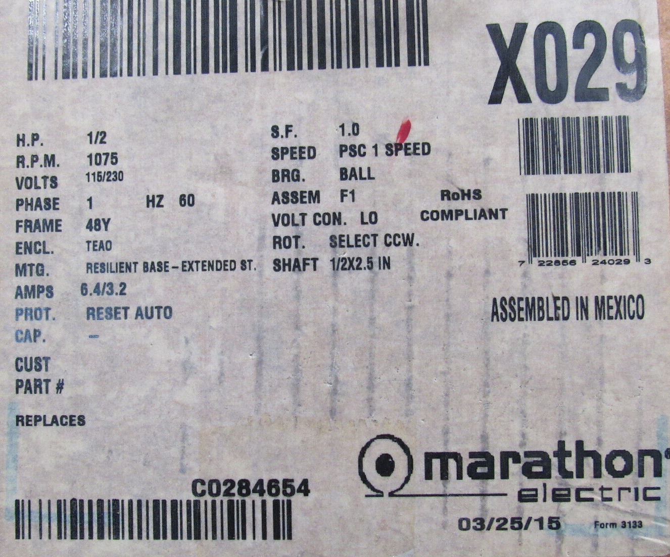 NEW MARATHON X029 MOTOR 1/2HP 1075RPM 115/230V 048A11T2023