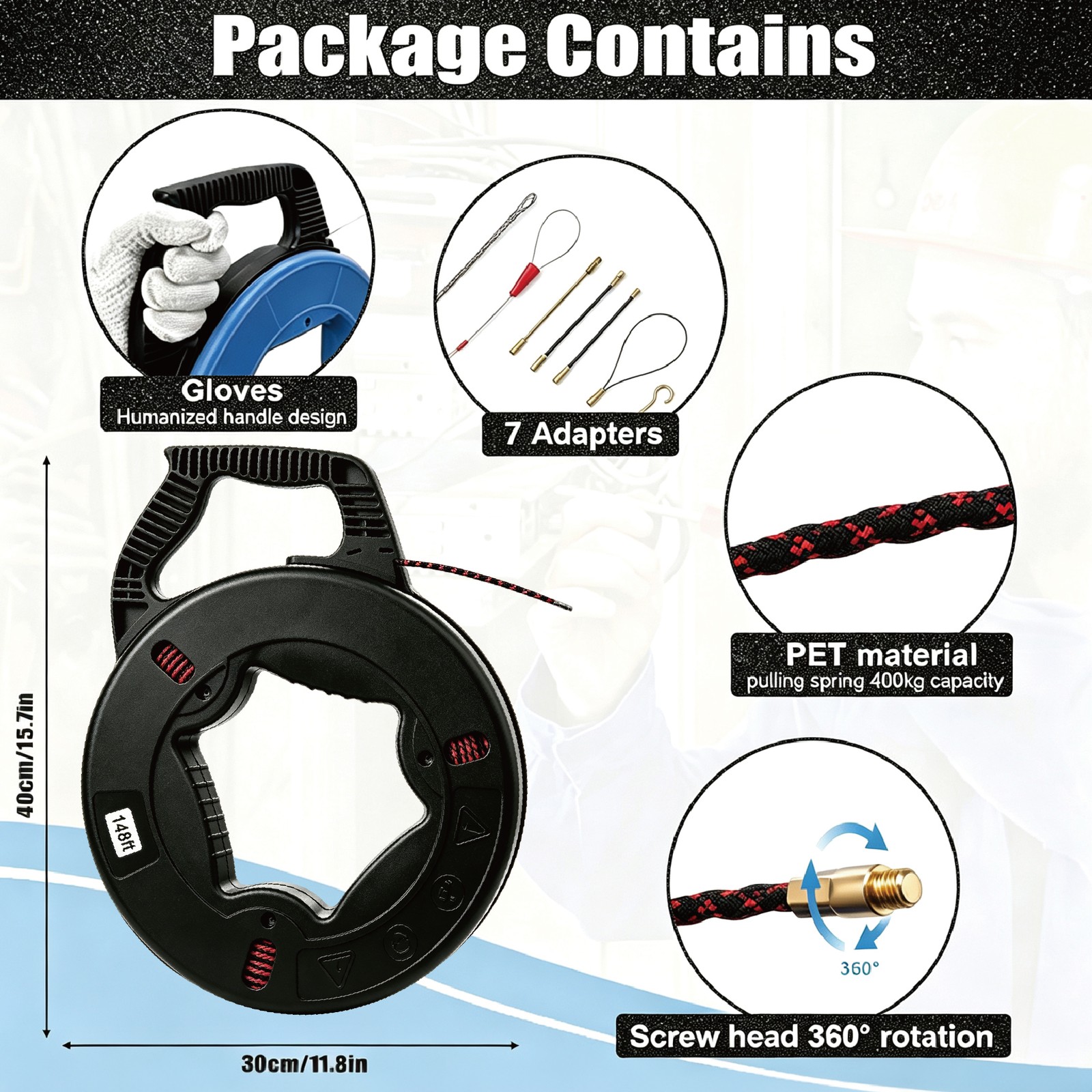 148Ft x4MM Glassfiber Fish-shaped Wire For Pulling Wire & Cable with 7 Adapters