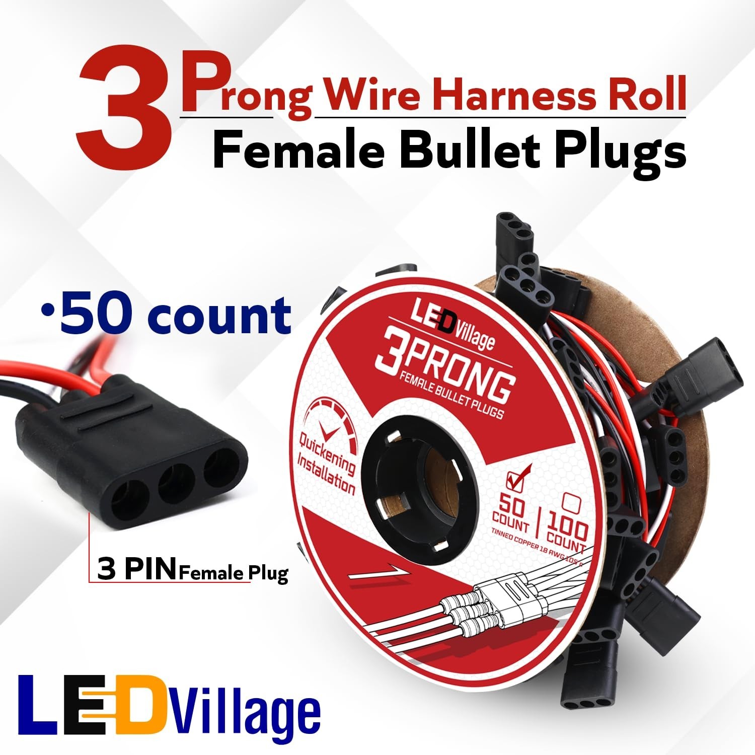 50 Count 3-Prong Female Bullet Plugs Continuous Wire Harness Roll – 6.5″ Lead
