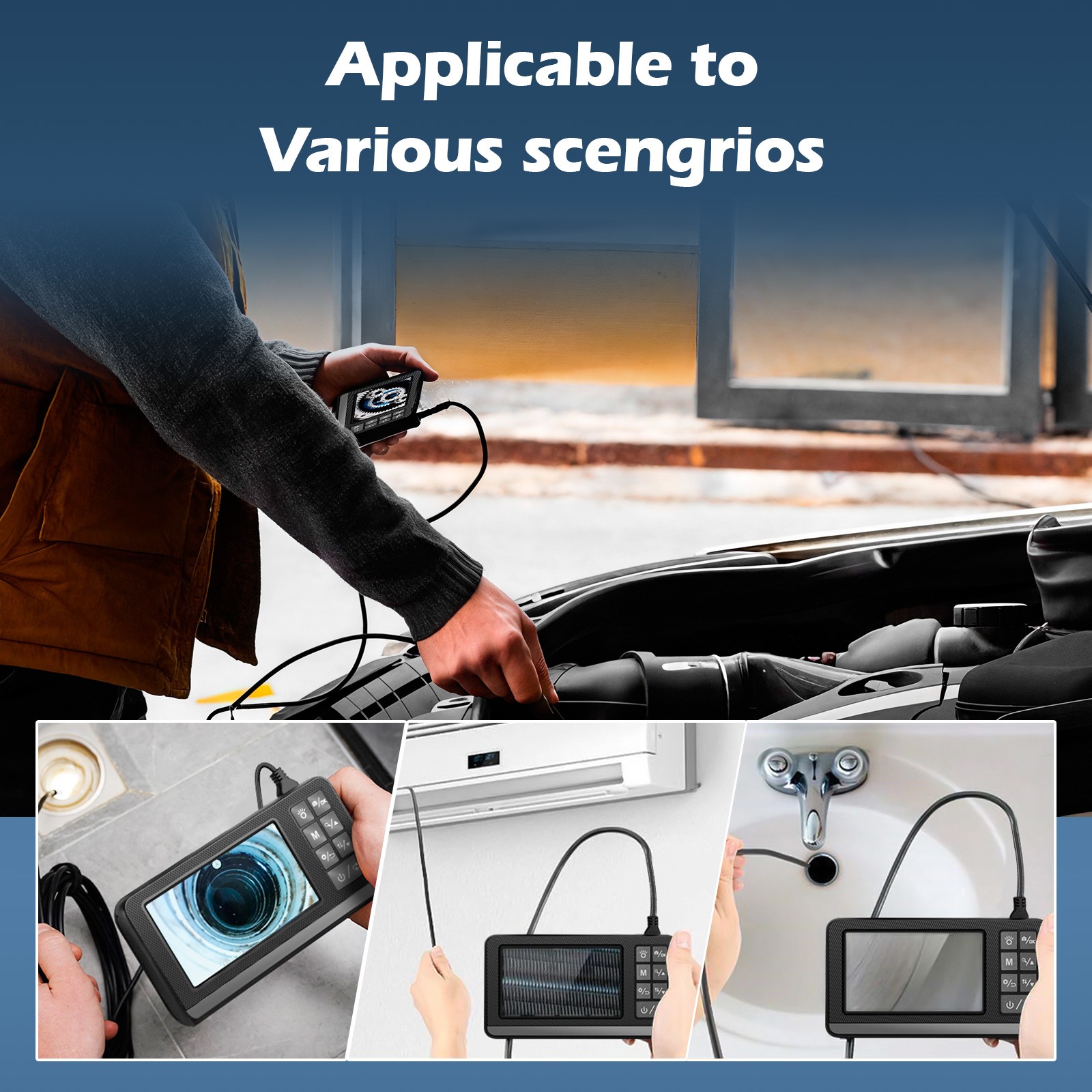 IP67 Rated Dual Lens 5M Camera Built LCD Screen Pipe Drain Inspection Scope