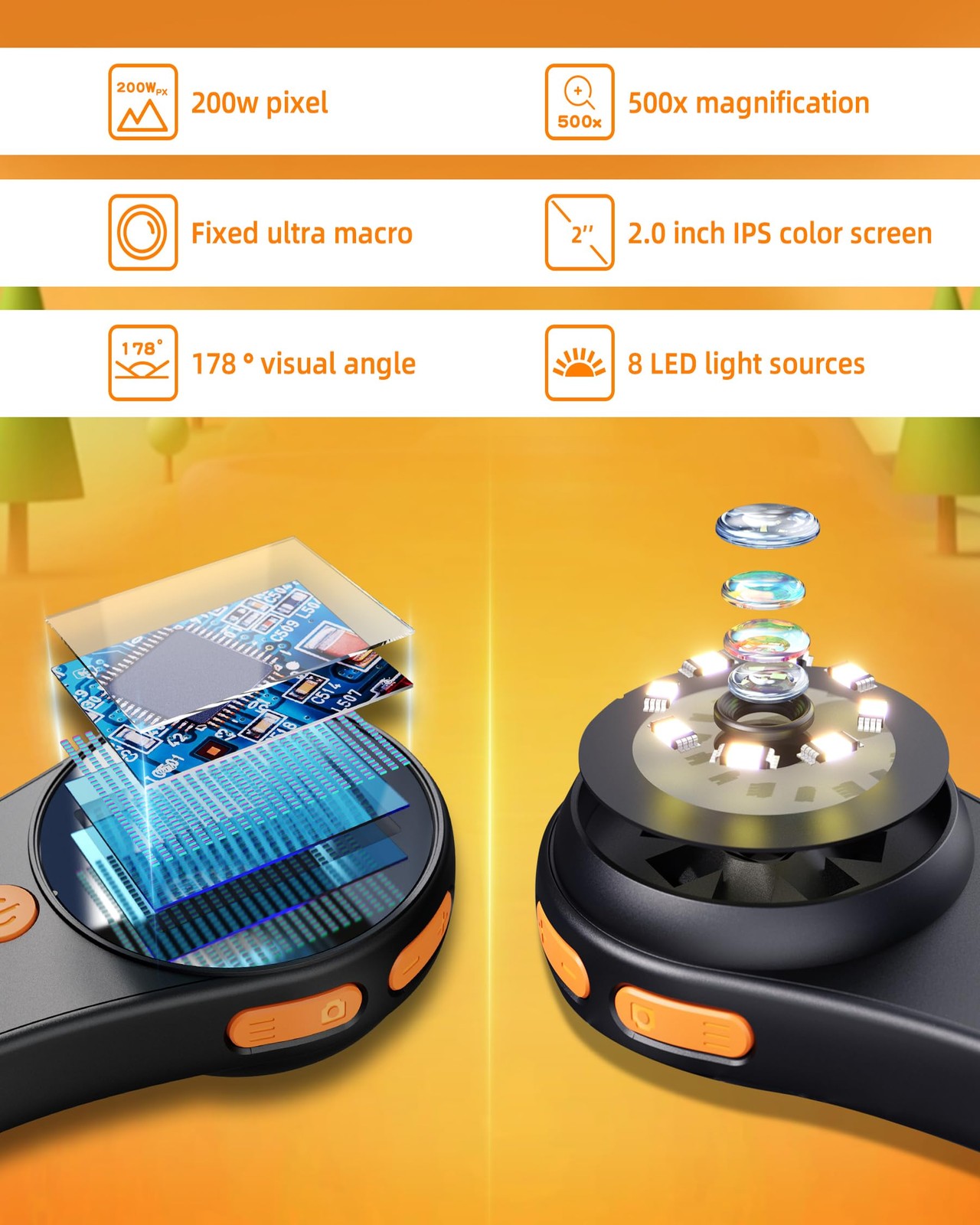Digital Microscope Handheld 2.0 inch IPS Color Screen,Portable White