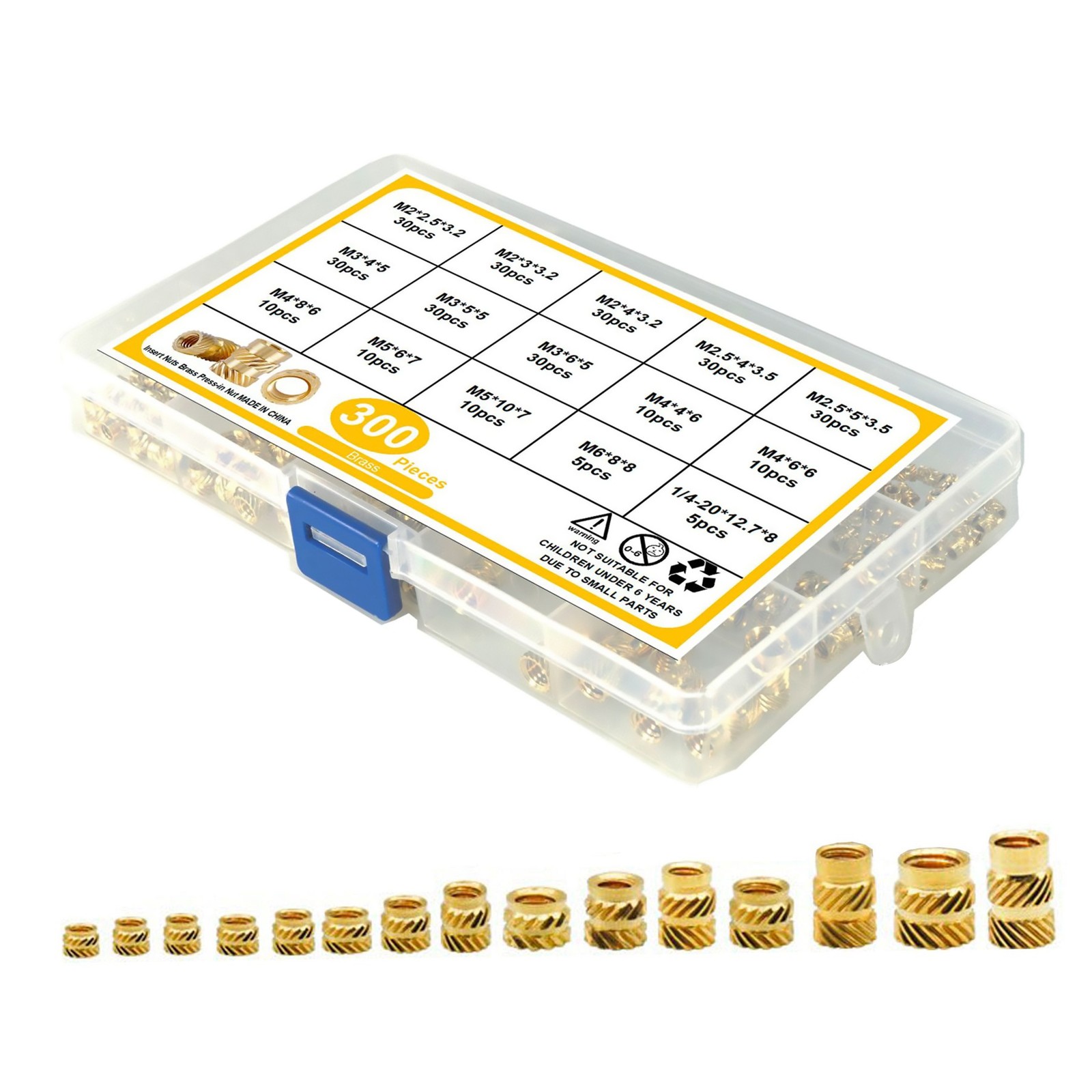 300Pcs M2-M6 Thread Knurled Brass Threaded Insert Embedment Nut Kit+Plastic Box