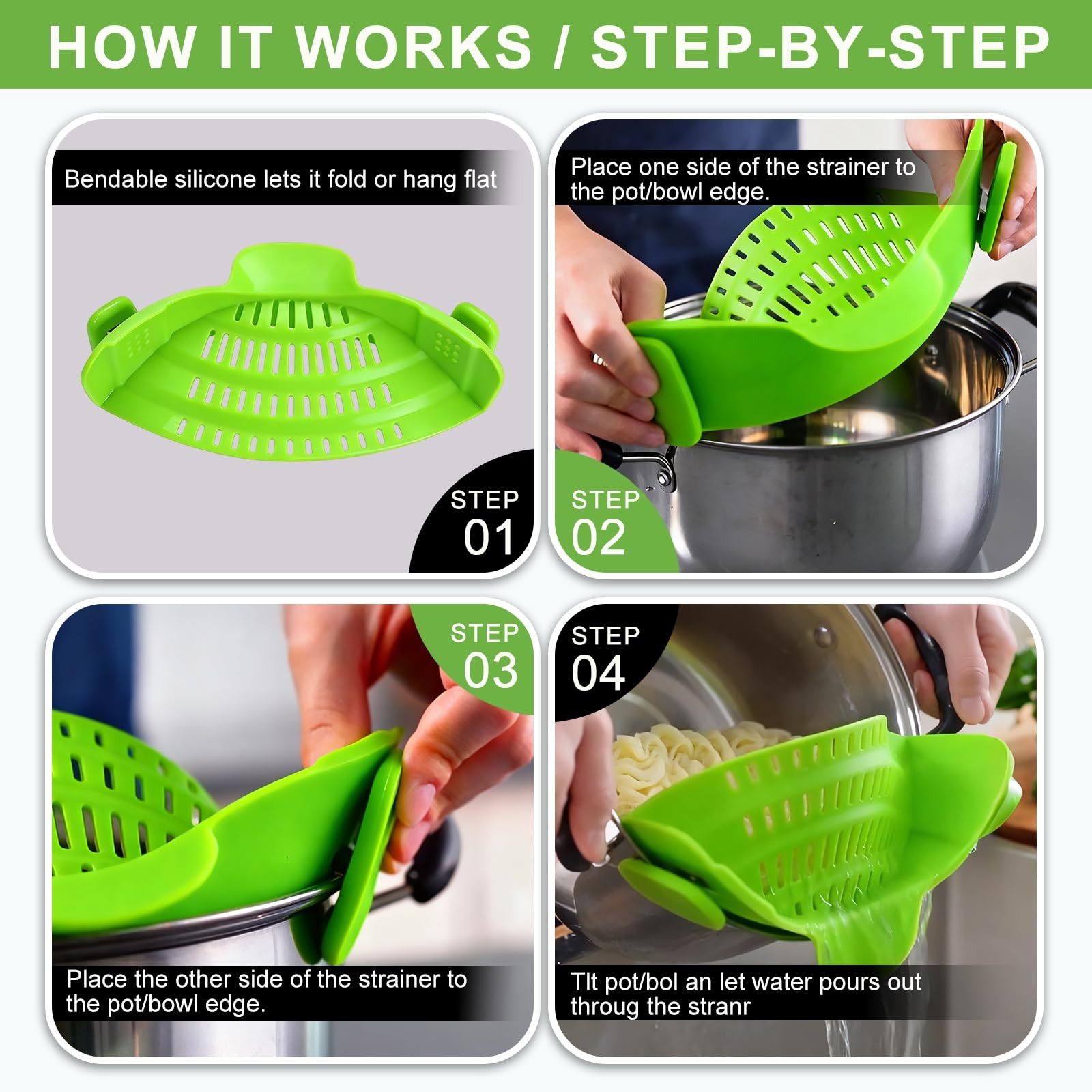 AriesMu Pasta Strainer Clip-on Silicone Colander for 9.45*4.72*2.36in, Green