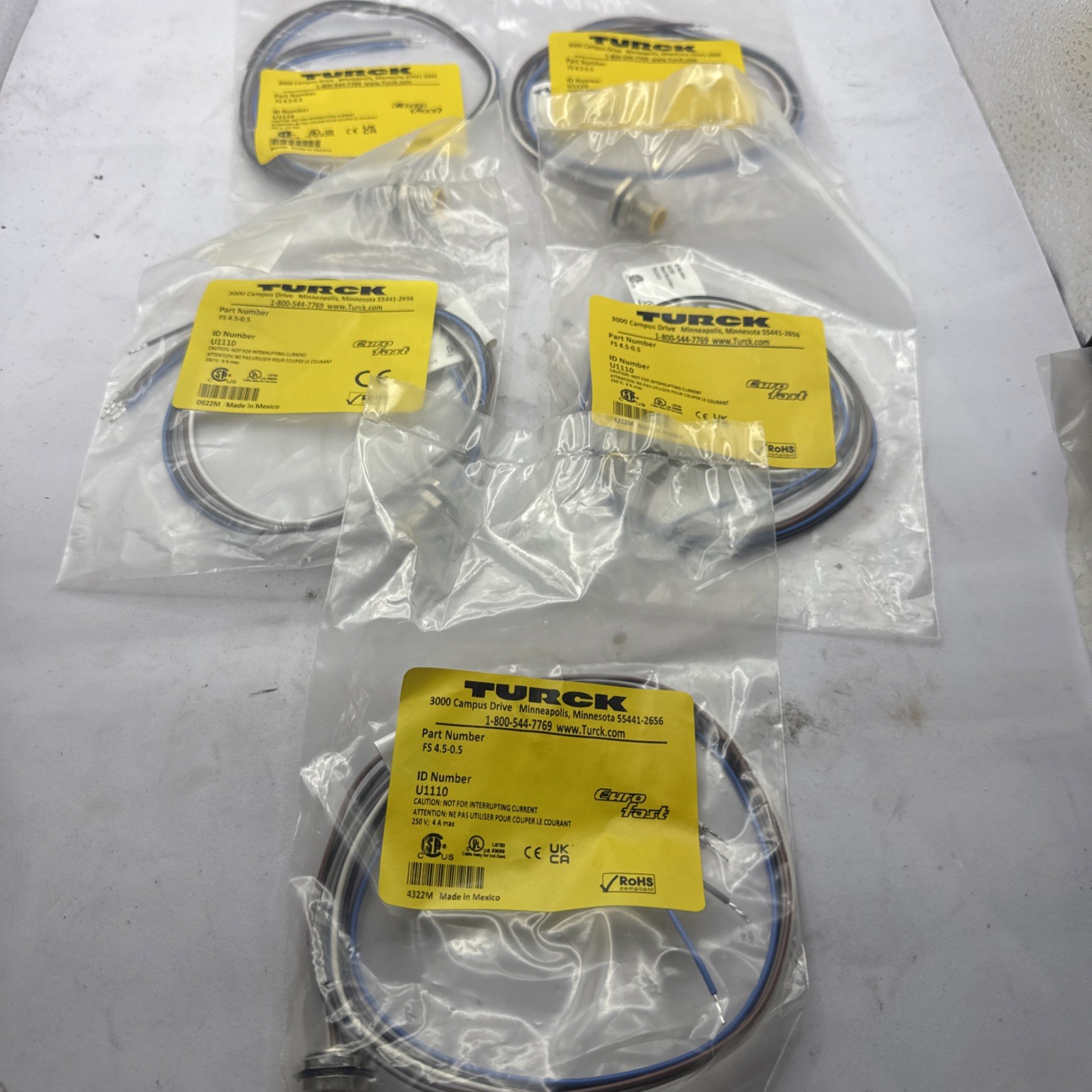 Lot of 5 NOB TURCK FS 4.5-0.5 U1110 M12 5-Pin Male Cordset 0.5M