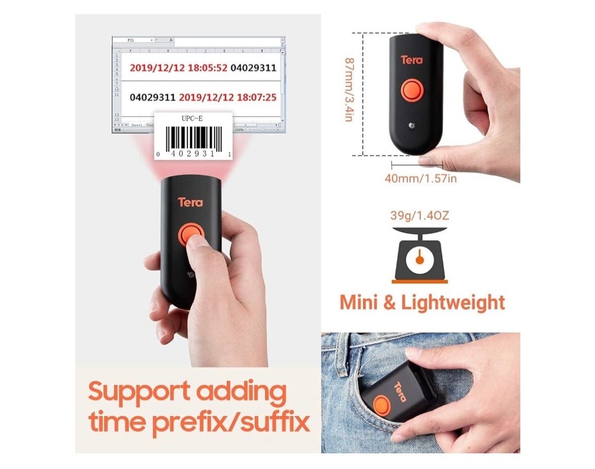 Tera Mini 1D 2D QR Wireless Barcode Scanner Waterproof Shockproof Pocket Orange
