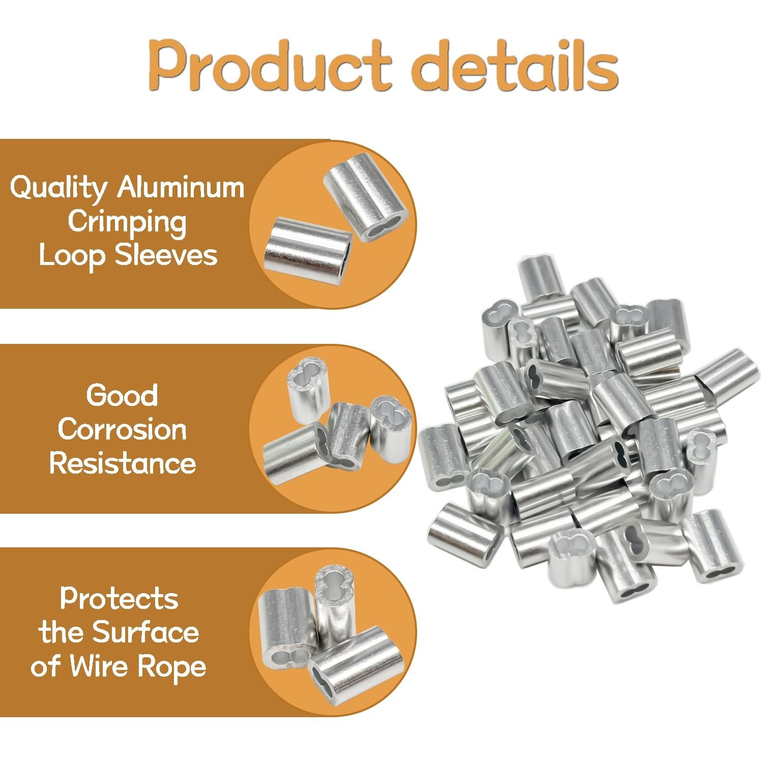 285PCS 8 Sizes Aluminum Crimping Loop Sleeve Cable Crimps, 3/64” 1/16” 5/64”