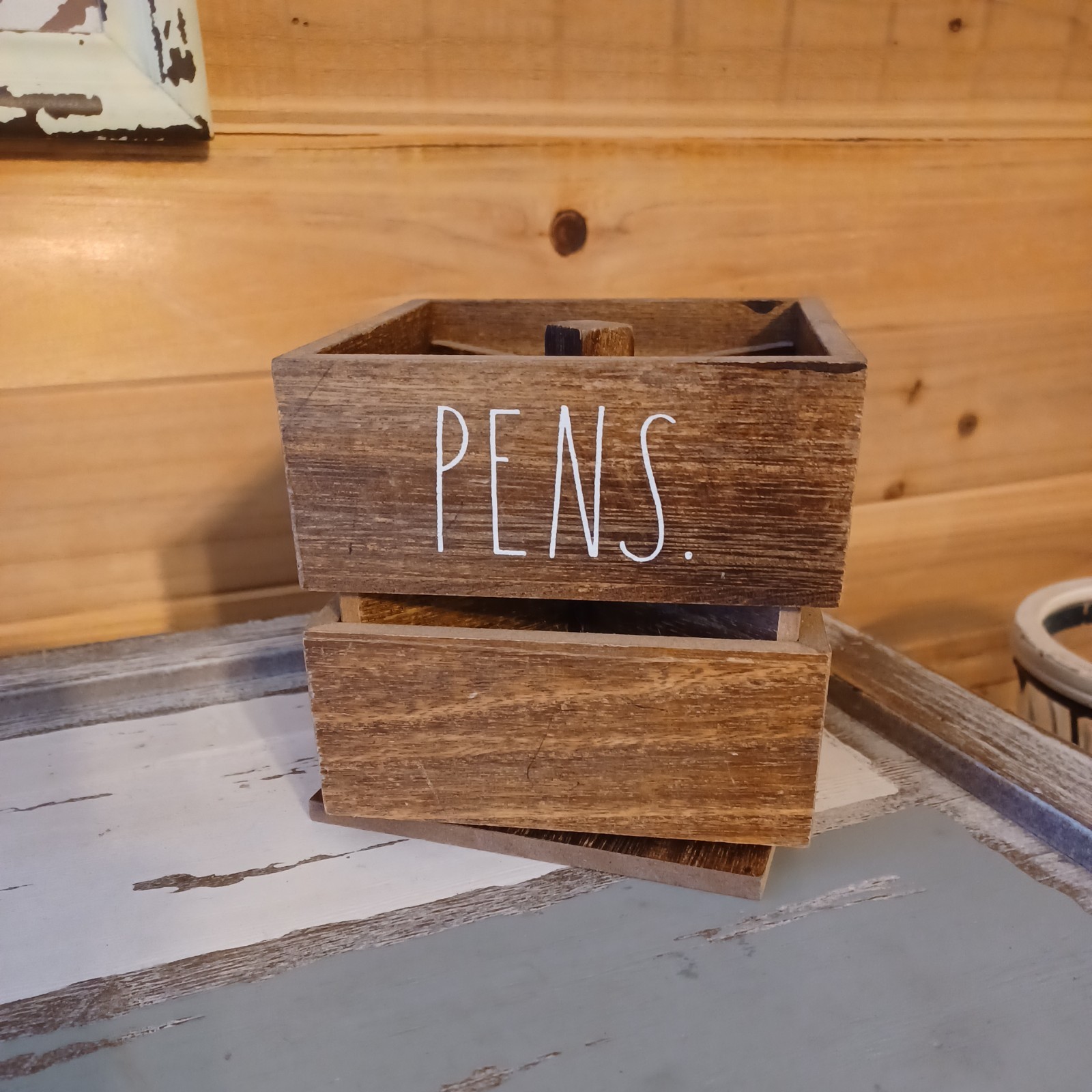 Rae Dunn Wooden Desk Organizer Pens Pencils Holder Spinning Caddy – 4.5” x 4.5”