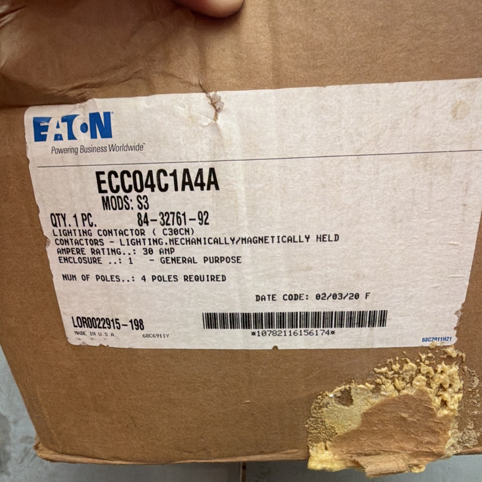 Eaton Mechanically Held Lighting Contactor ECC04C1A4A 4P 30A 120V Encl