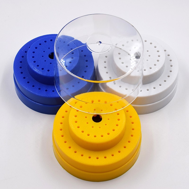Round Dental Bur Block Holder Station with Lid – Plastic Holds 60 Burs HP RA FG