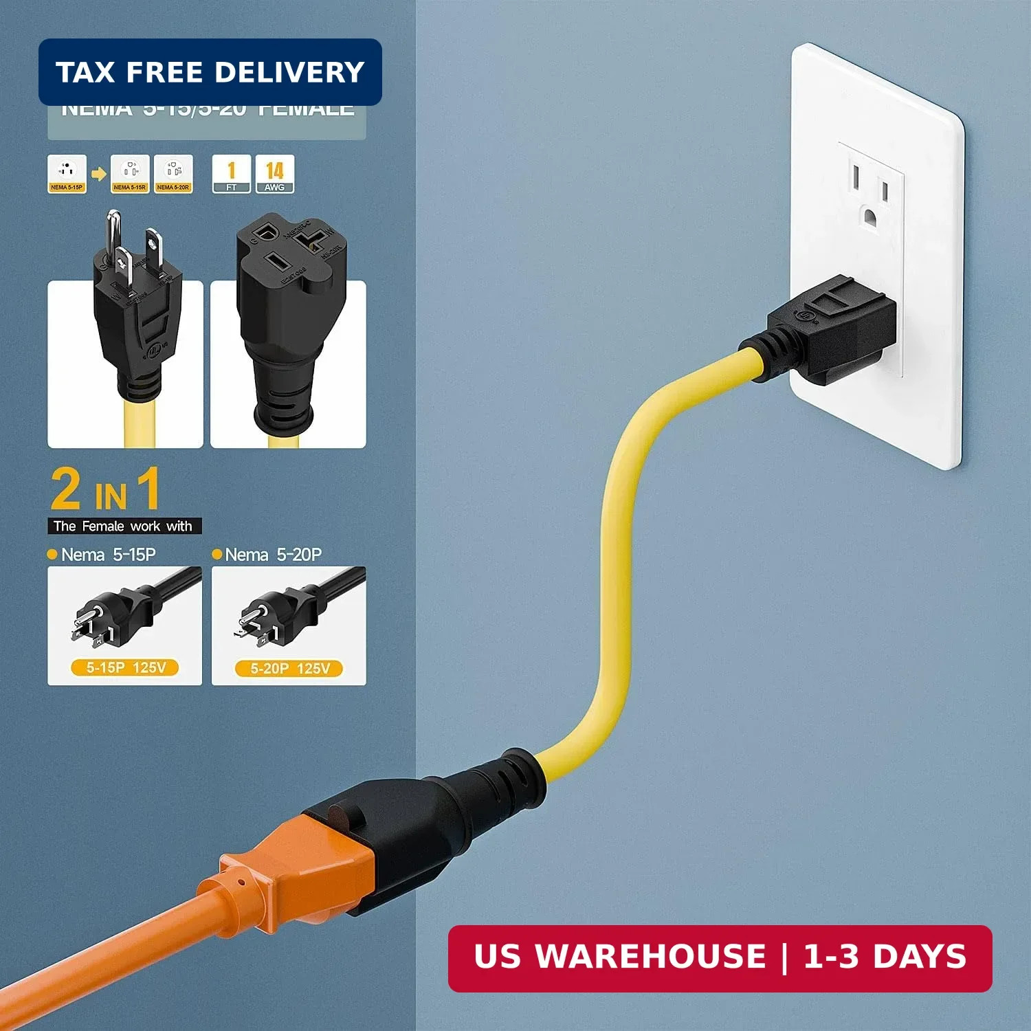 1-Foot 15 Amp Household AC Plug to 20 Amp T Blade Adapter Cable， Nema 5-15P to 5