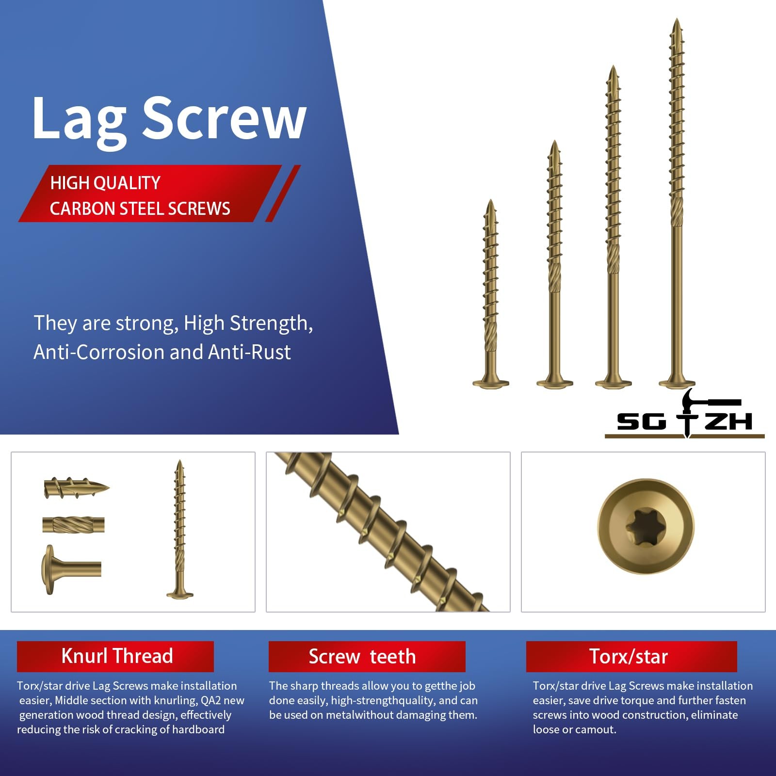 #14×3 Inch Bronze Carbon Steel Washer Head Structural Lag Screws T30 264 PCS