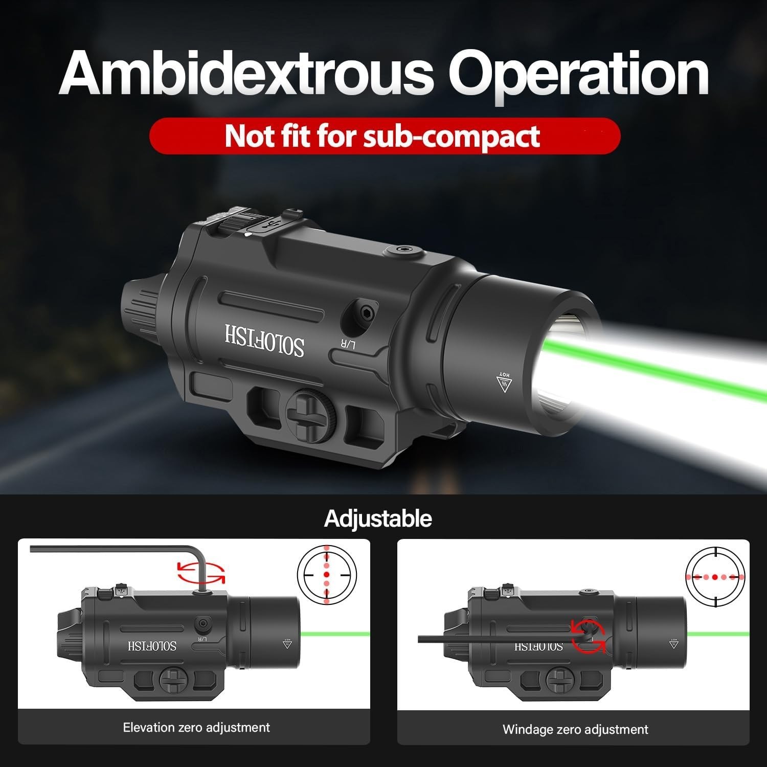 1500Lm Slidable Pistol Light and Green Beam Combo with Strobe/Momentary, Recharg