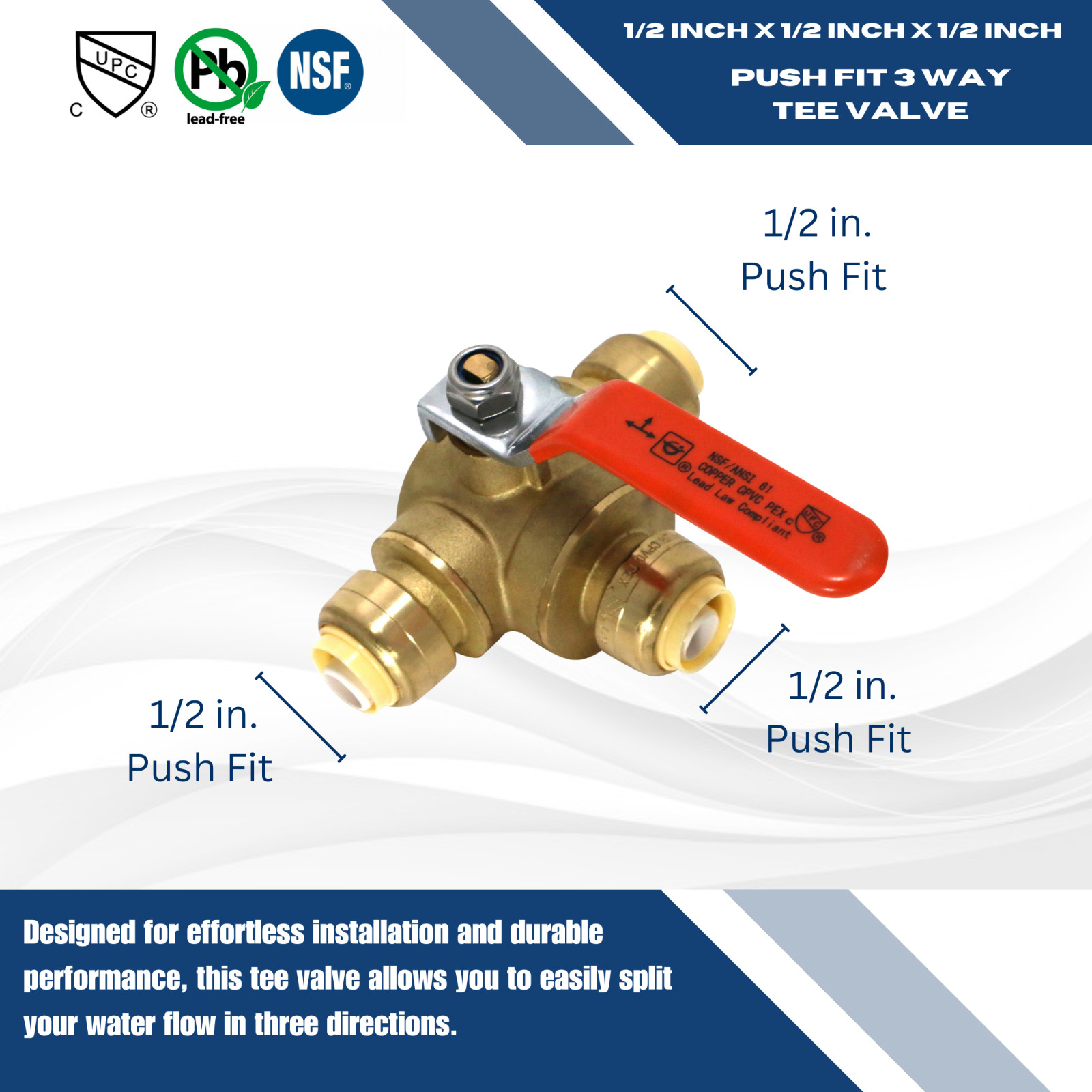 1 PIECES 1/2″ PUSH FIT 3 WAY BALL VALVE, FULL PORT, LEAD FREE BRASS