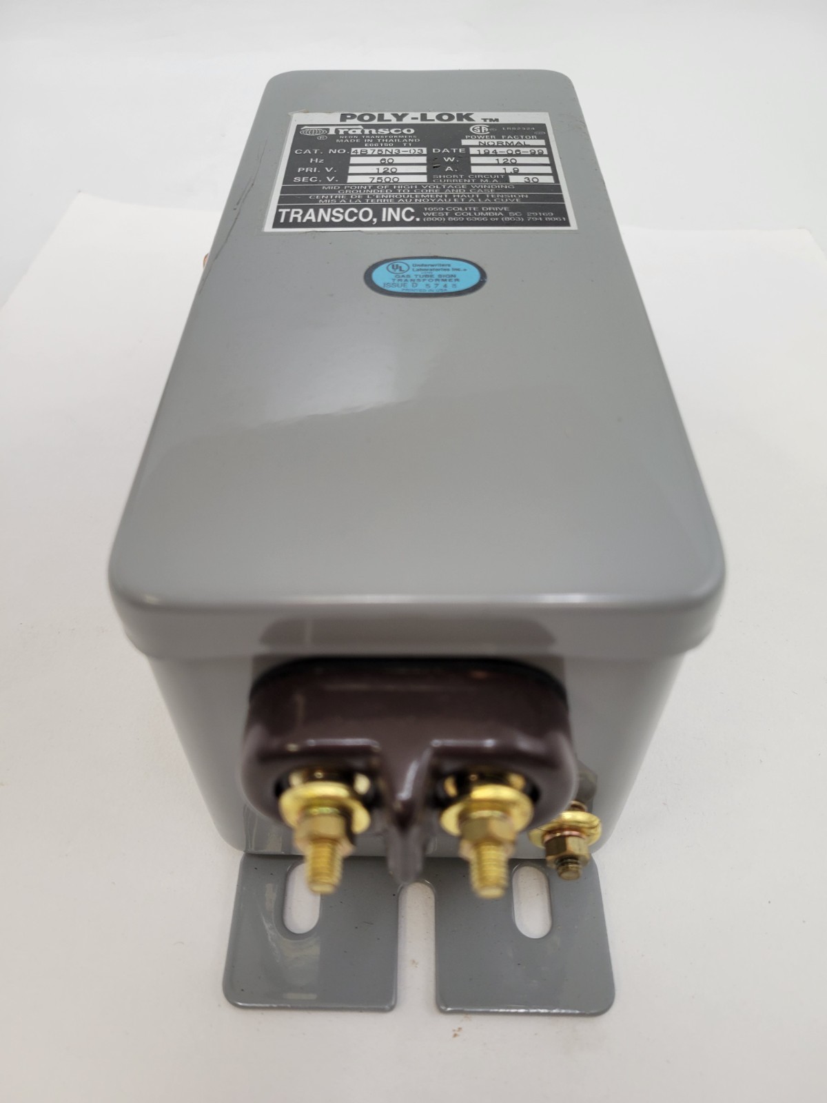 Transco 4B75N3-03 Neon Tube Light Transformer 7.5KV Pri: 120V Sec: 7500V 60Hz